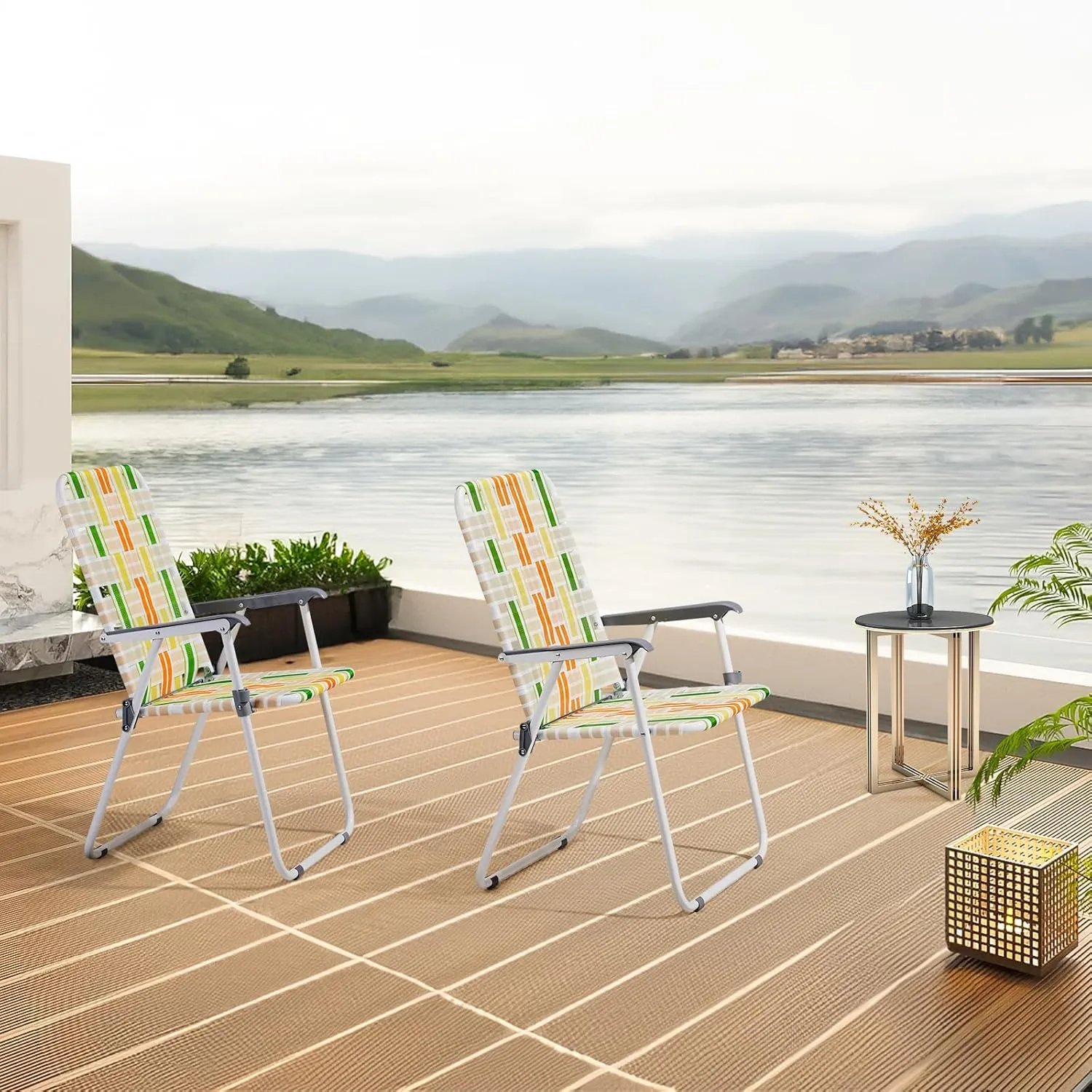 Outvita Webbed Lawn Chairs Set of 2, Foldable Metal Patio Chairs Stable Steel Outdoor Chair for Camping, Fishing, Beach, Poolside, Backyard and BBQ