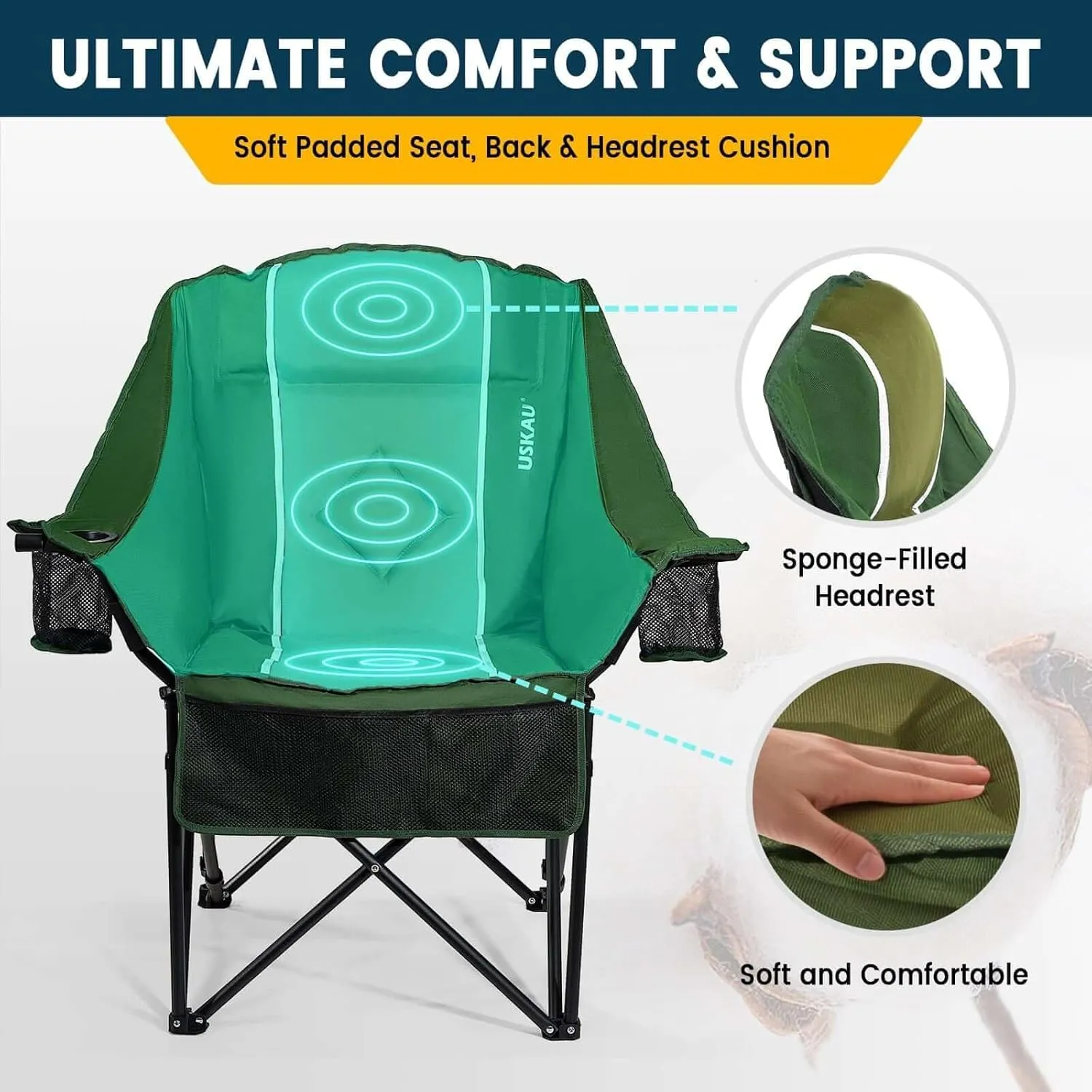 Oversized Camping Chair for Large Adults Heavy Duty 400 lbs Capacity, Comfortable Padded Folding Lawn Chair with Back & Headrest Support and Cup Holder, Portable Outdoor Chair with Carry Bag