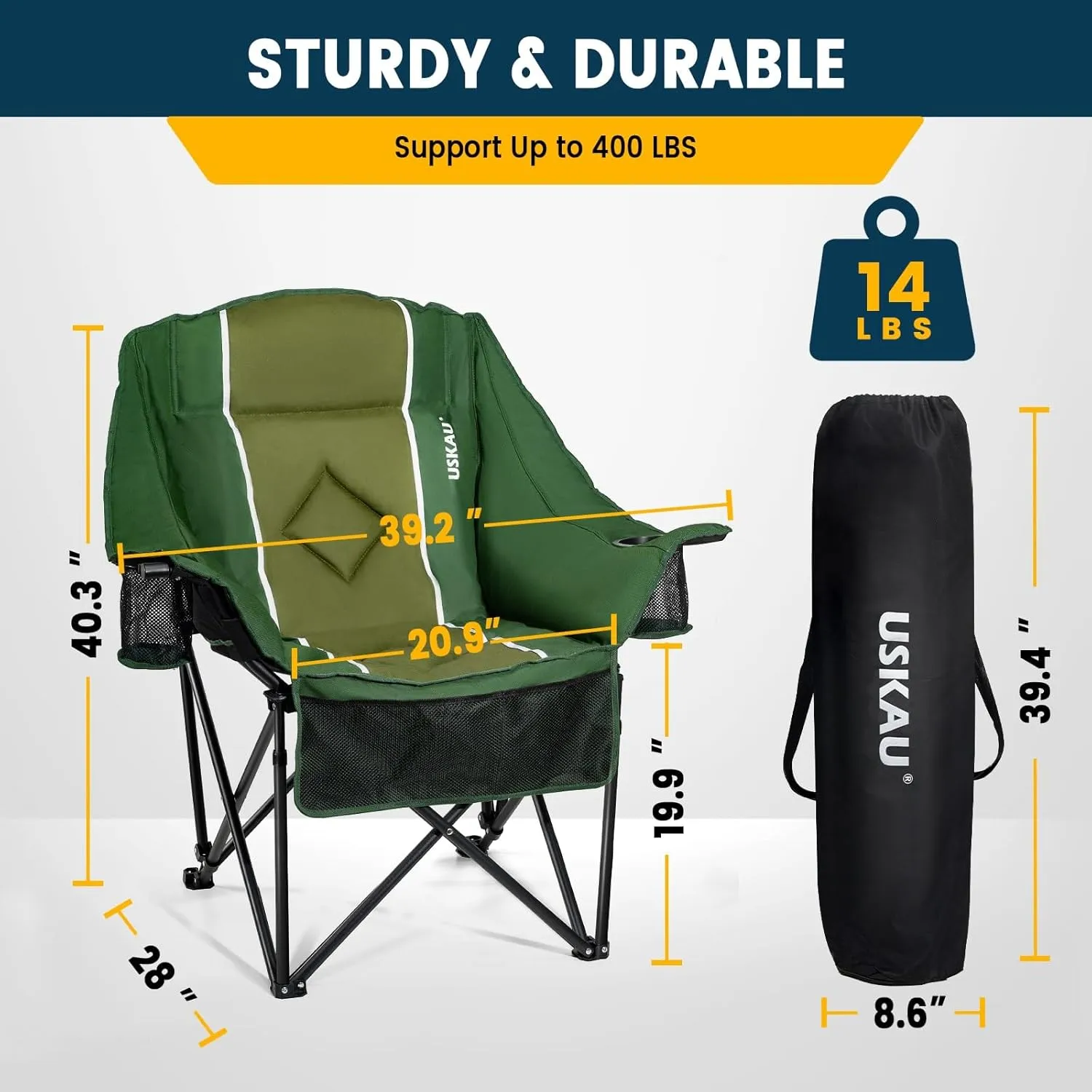 Oversized Camping Chair for Large Adults Heavy Duty 400 lbs Capacity, Comfortable Padded Folding Lawn Chair with Back & Headrest Support and Cup Holder, Portable Outdoor Chair with Carry Bag