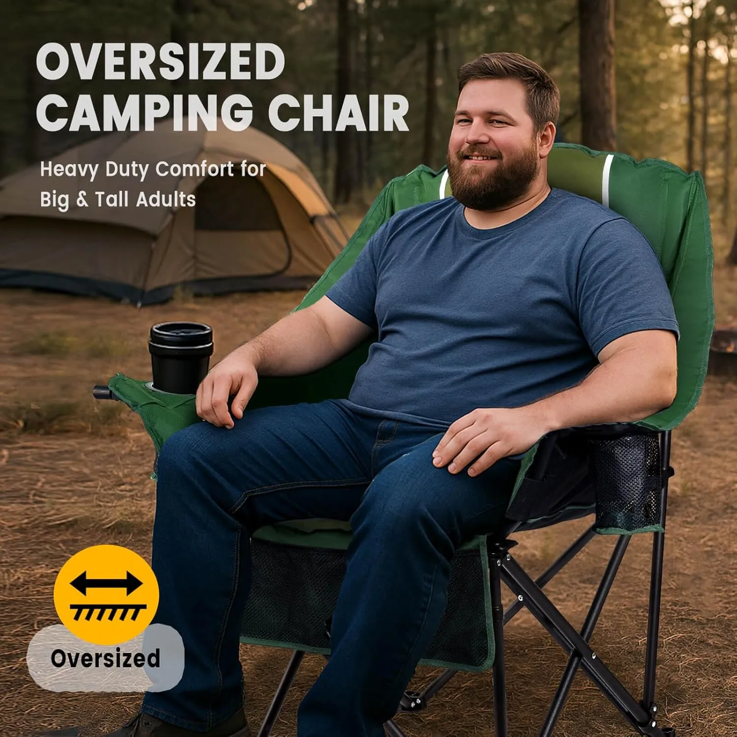 Oversized Camping Chair for Large Adults Heavy Duty 400 lbs Capacity, Comfortable Padded Folding Lawn Chair with Back & Headrest Support and Cup Holder, Portable Outdoor Chair with Carry Bag