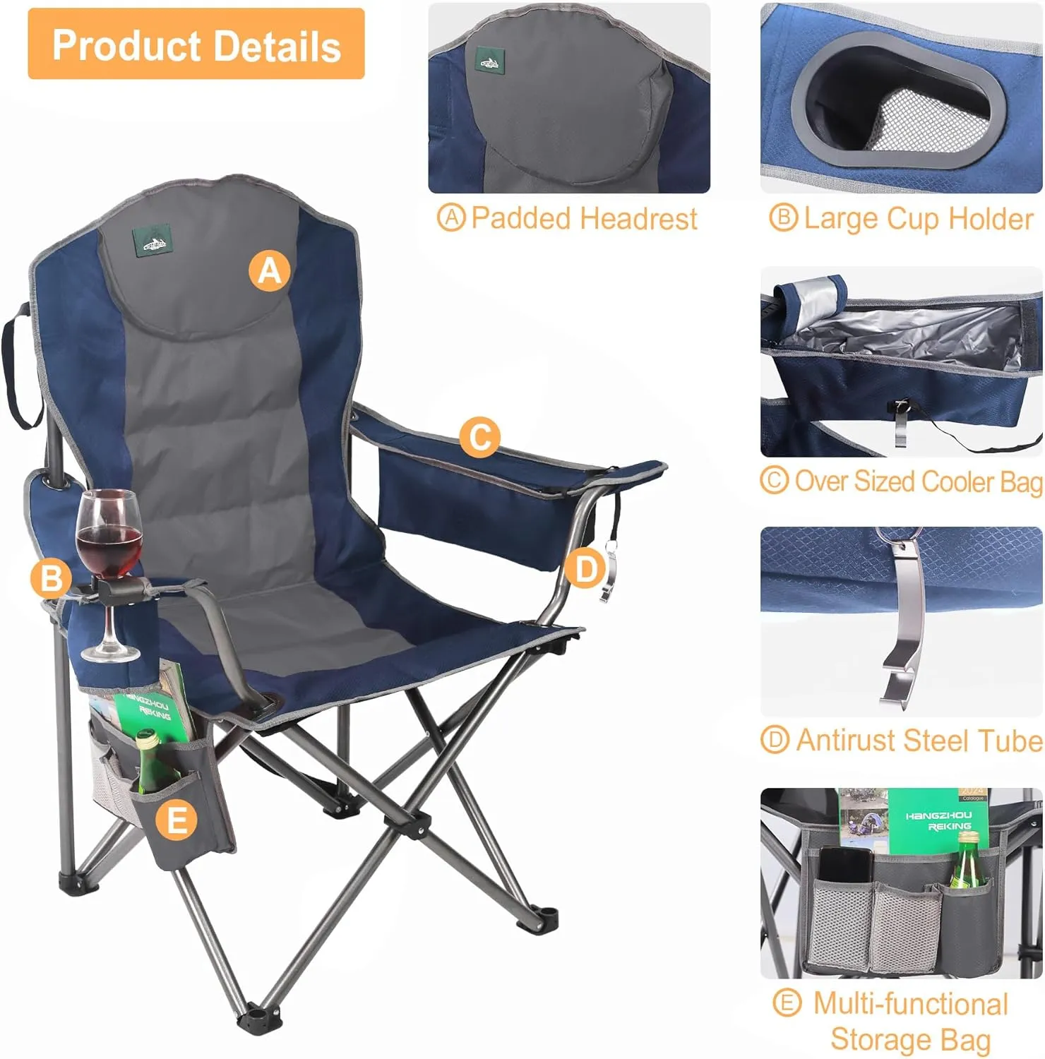 Oversized Camping Chair, Full Padded Outdoor Folding Chair Support 350 LBS, Heavy Duty Lawn Chair w/Cup Holder, Cooler Bag, Shoulder Straps for Adult-Blue