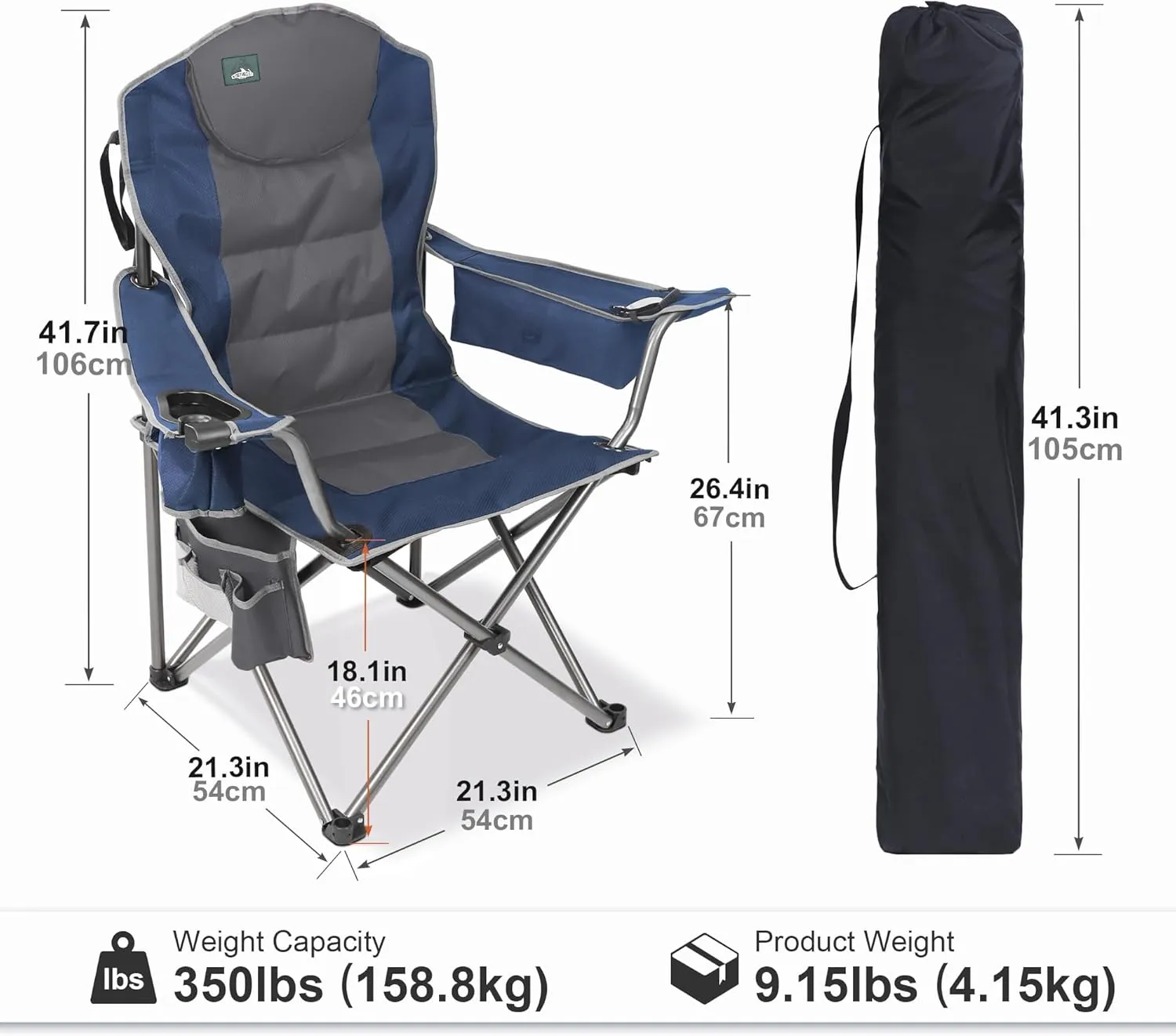 Oversized Camping Chair, Full Padded Outdoor Folding Chair Support 350 LBS, Heavy Duty Lawn Chair w/Cup Holder, Cooler Bag, Shoulder Straps for Adult-Blue
