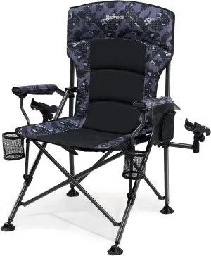Oversized Camping Chair, Heavy Duty Support 350 LBS Folding Chair, Feet Rotatable Padded Fishing Chair with Rod Holder, Cup Holder, Side Pocket, Hard Armrest for Beach, Fishing,Trip,Picnic,Lawn