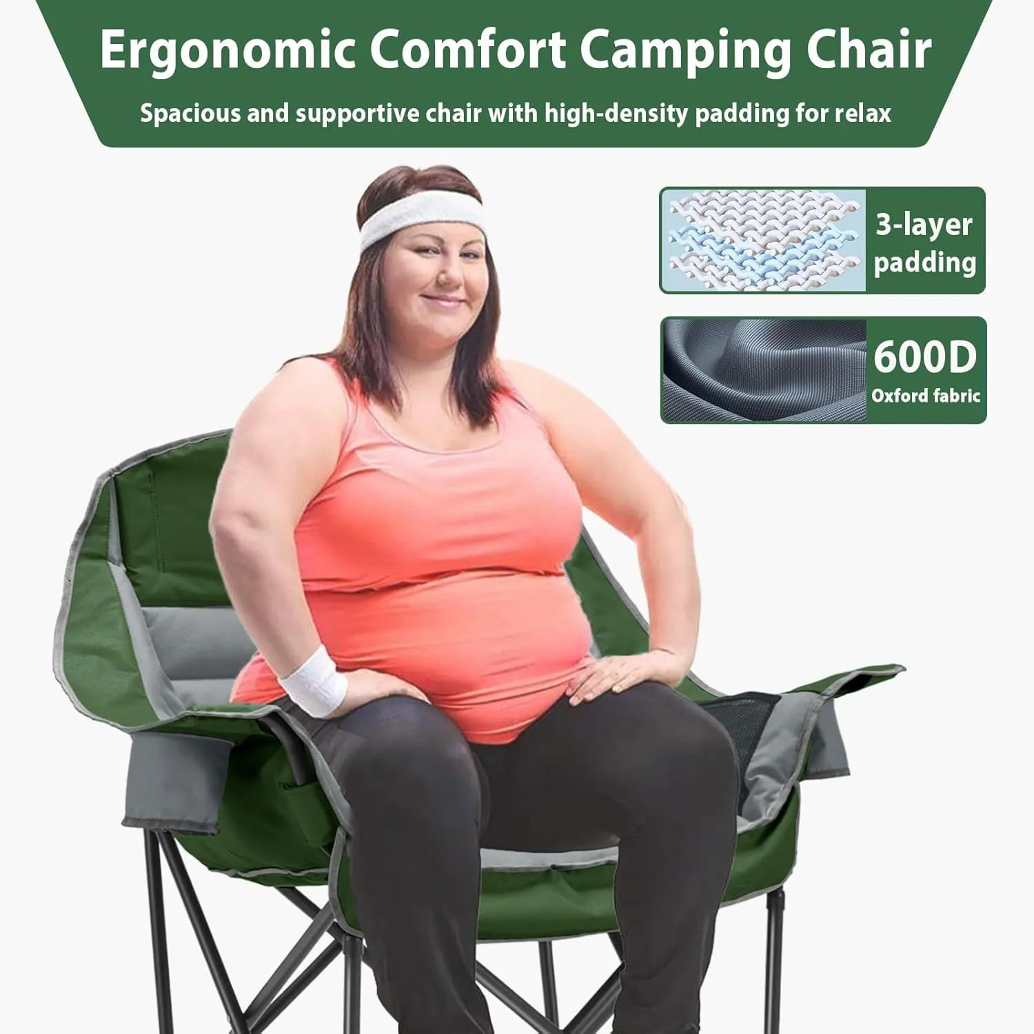 Oversized Camping Chair, Portable Folding Camping Chairs with Side Pocket, Cup Holder and Carry Bag, Heavy Duty Outdoor Camping Chairs for Adults, Fishing, Sports, Trip, up to 400lbs, Style 7