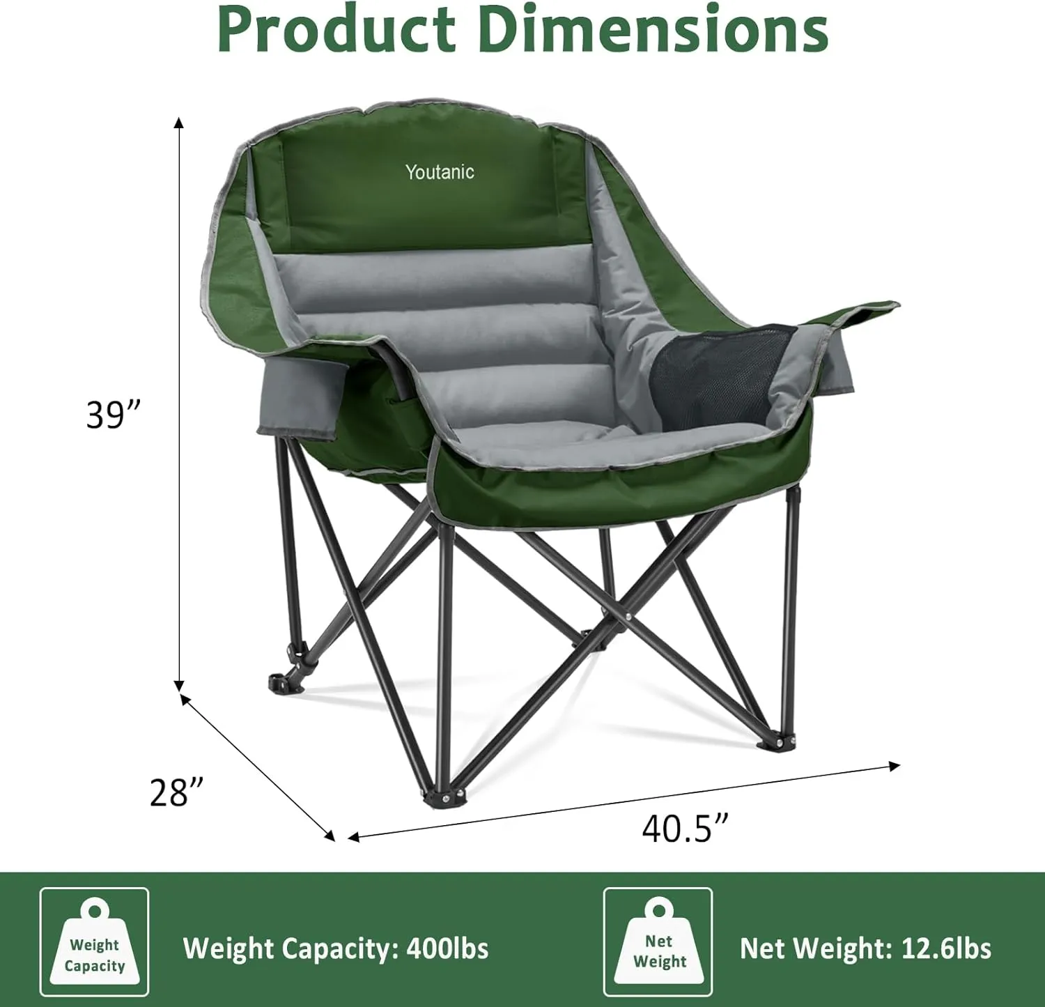 Oversized Camping Chair, Portable Folding Camping Chairs with Side Pocket, Cup Holder and Carry Bag, Heavy Duty Outdoor Camping Chairs for Adults, Fishing, Sports, Trip, up to 400lbs, Style 7