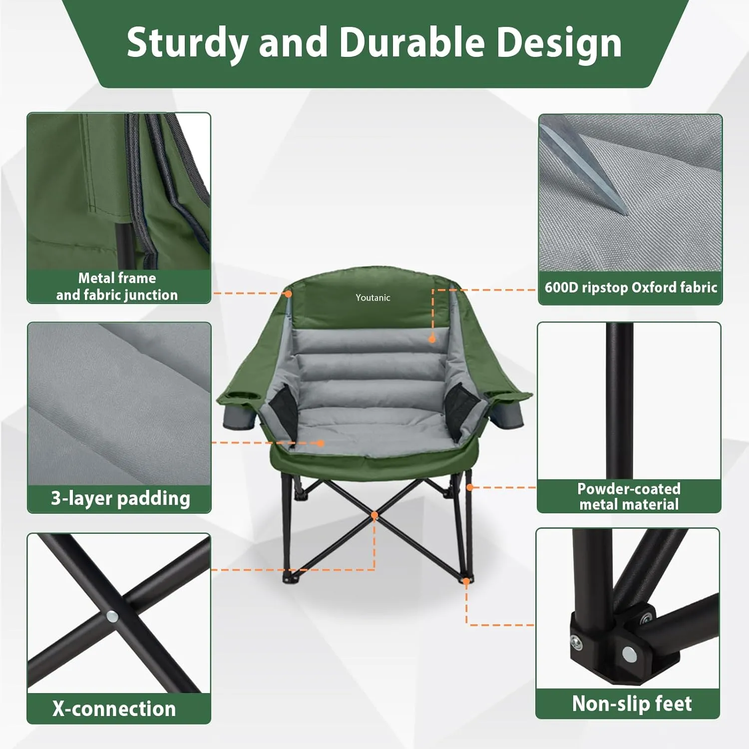 Oversized Camping Chair, Portable Folding Camping Chairs with Side Pocket, Cup Holder and Carry Bag, Heavy Duty Outdoor Camping Chairs for Adults, Fishing, Sports, Trip, up to 400lbs, Style 7
