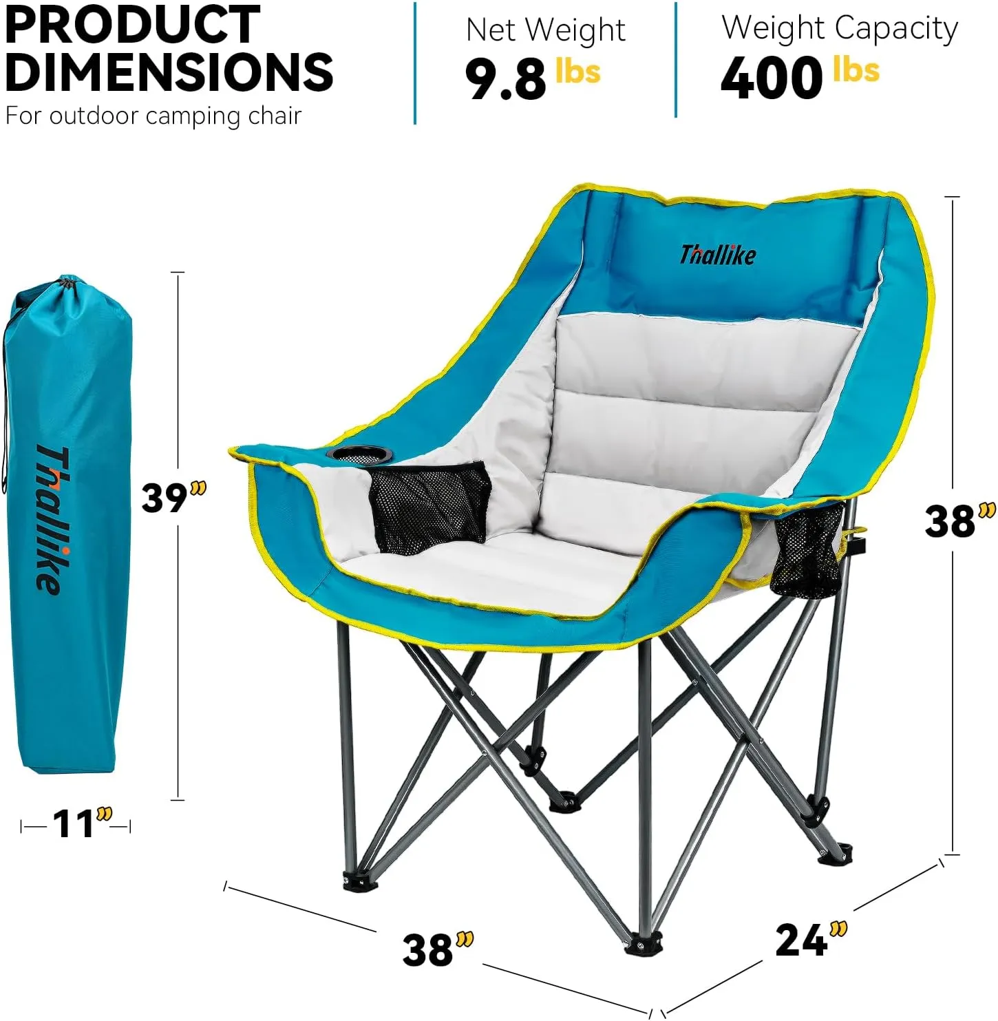 Oversized Camping Chair, Portable Folding Padded Camping Chairs with Cup Holder and Carry Bag, Heavy Duty Outdoor Camping Chairs for Adults, Up to 400Lb, for Fishing (Blue-2 Pack)