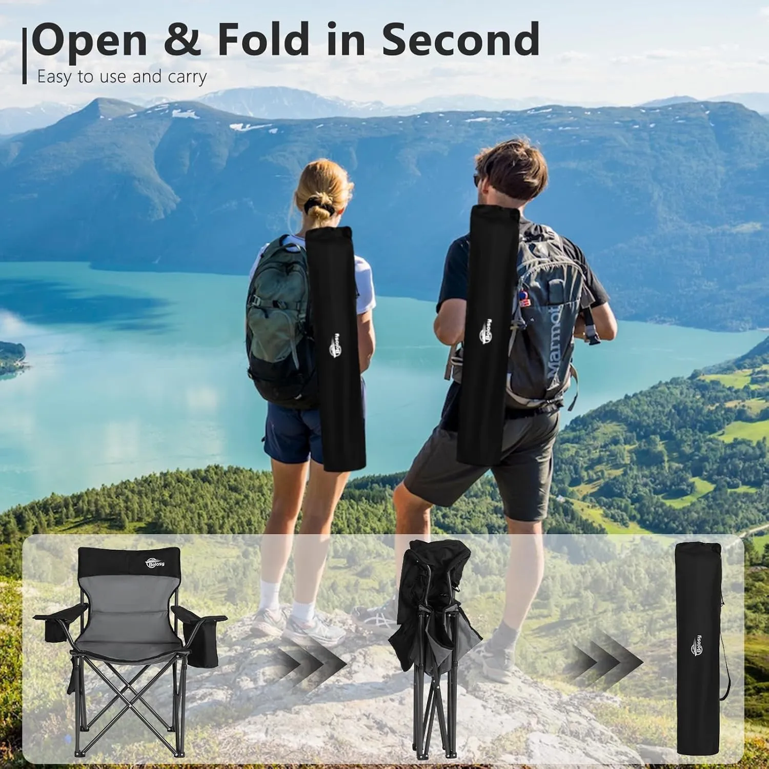 Oversized Camping Chairs for Adults Heavy Duty Support 450 lbs Outdoor Folding Chairs Padded Portable Lawn Chairs Camp Chairs with 4-Can Cooler, Cup Holder, Black, 2 Pack