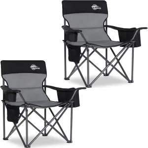 Oversized Camping Chairs for Adults Heavy Duty Support 450 lbs Outdoor Folding Chairs Padded Portable Lawn Chairs Camp Chairs with 4-Can Cooler, Cup Holder, Black, 2 Pack