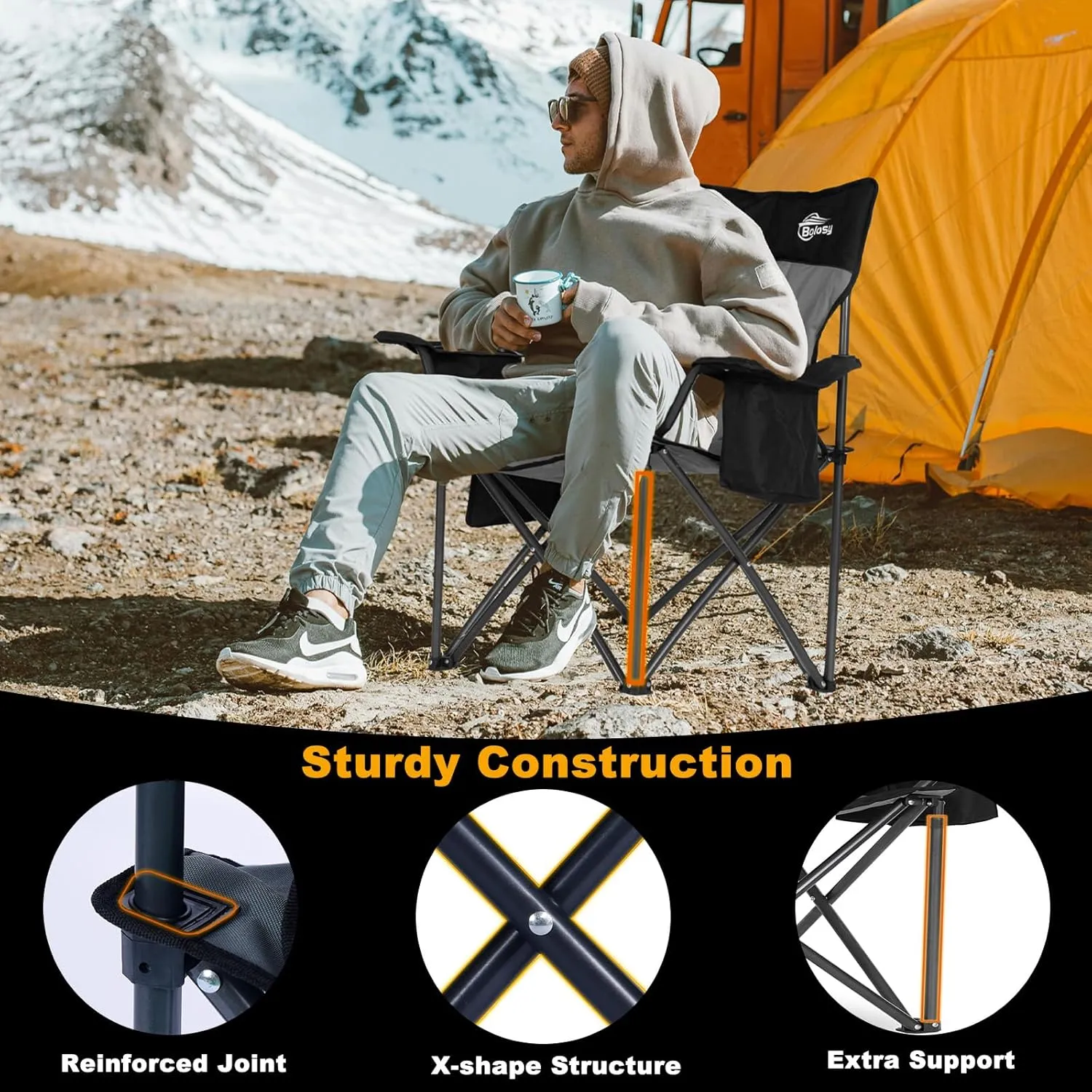 Oversized Camping Chairs for Adults Heavy Duty Support 450 lbs Outdoor Folding Chairs Padded Portable Lawn Chairs Camp Chairs with 4-Can Cooler, Cup Holder, Black, 2 Pack