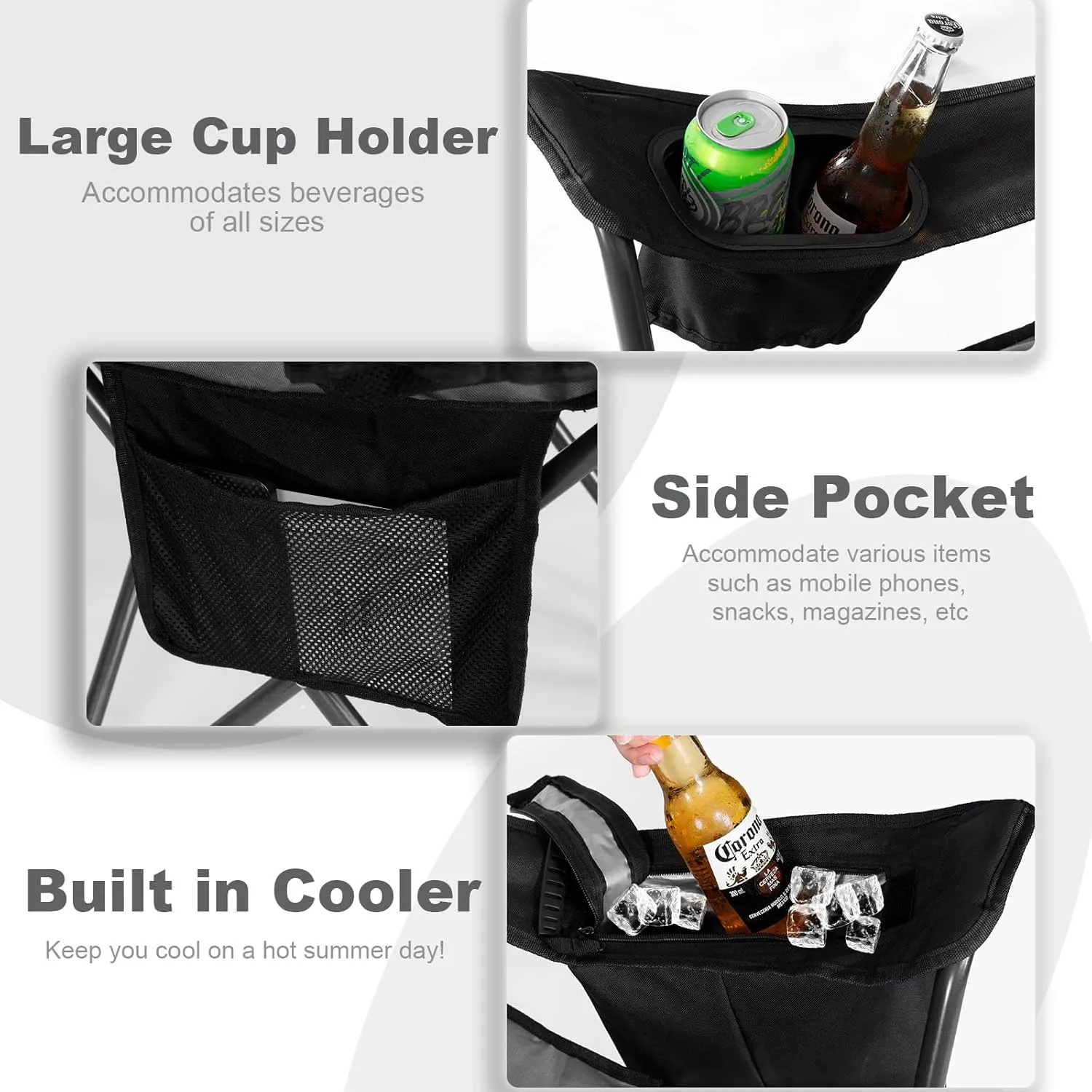 Oversized Camping Chairs for Adults Heavy Duty Support 450 lbs Outdoor Folding Chairs Padded Portable Lawn Chairs Camp Chairs with 4-Can Cooler, Cup Holder, Black, 2 Pack
