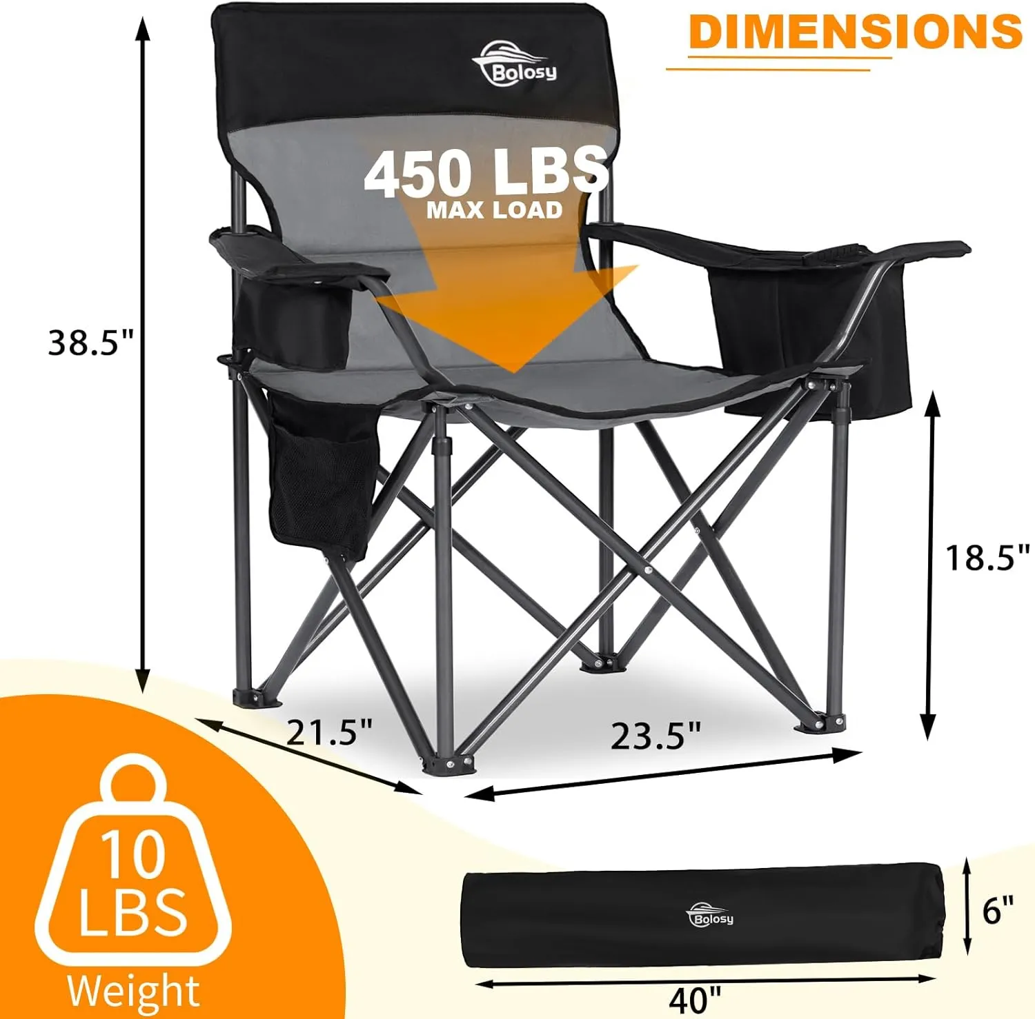 Oversized Camping Chairs for Adults Heavy Duty Support 450 lbs Outdoor Folding Chairs Padded Portable Lawn Chairs Camp Chairs with 4-Can Cooler, Cup Holder, Black, 2 Pack
