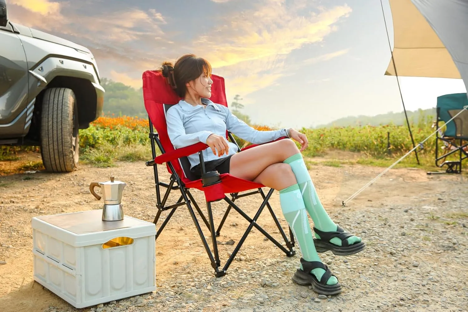 Oversized Camping Chairs, High Back Heavy Duty Lawn Chair Support 250LBS, Padded Portable Outdoor Chair with Cup Holder, Red