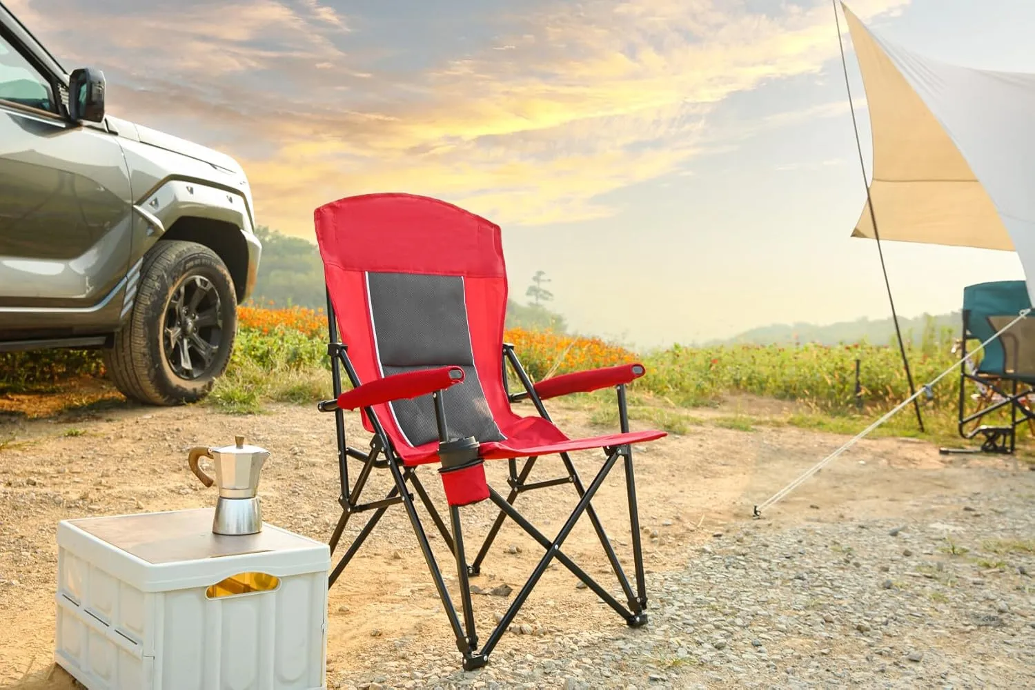 Oversized Camping Chairs, High Back Heavy Duty Lawn Chair Support 250LBS, Padded Portable Outdoor Chair with Cup Holder, Red