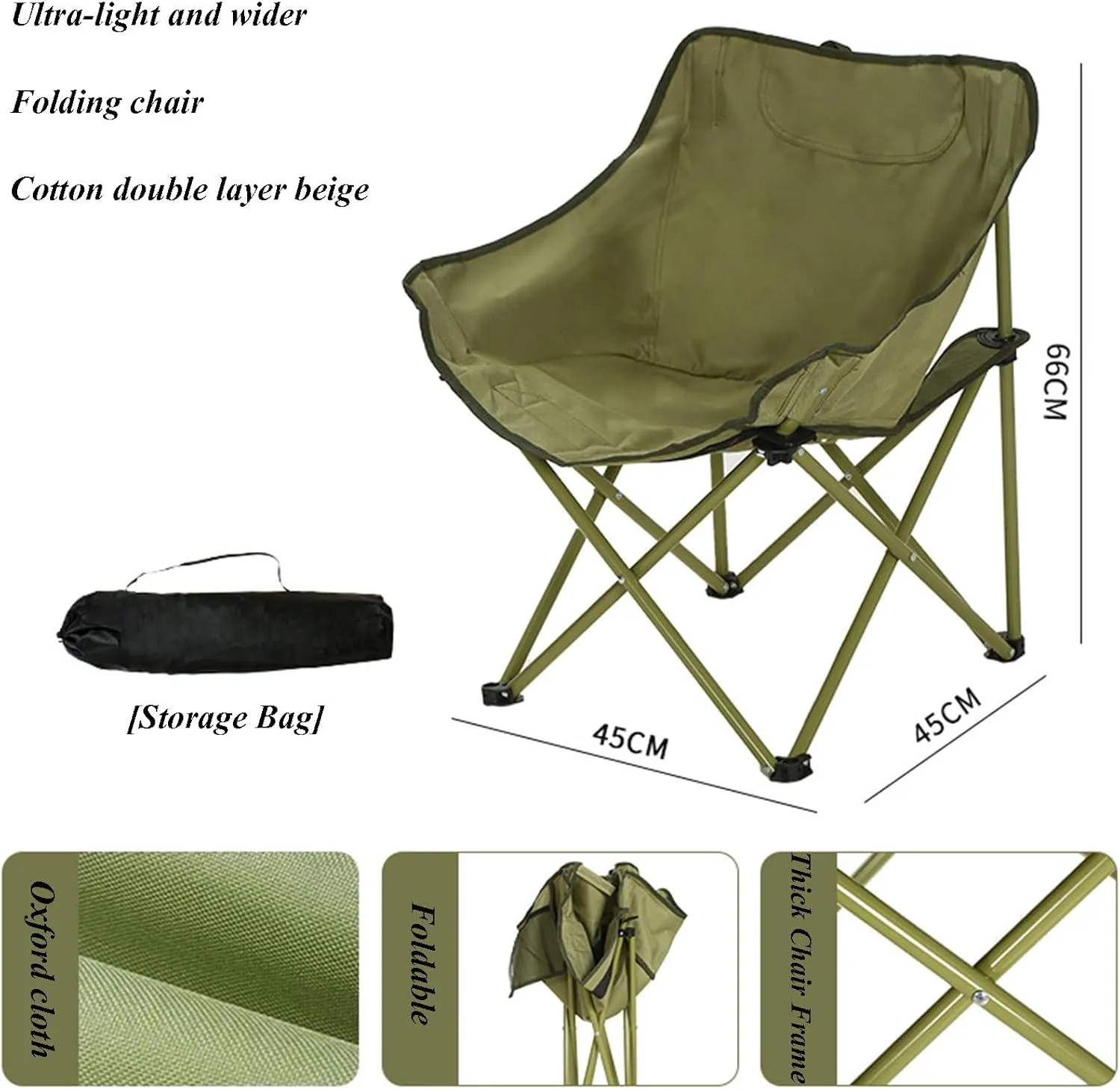 Oversized Folding Camping Chair - Portable Reclining Lounger for Tanning - Carry Bag Included - Heavy Duty Collapsible Chairs for Sports Garden Beach Fishing, Green