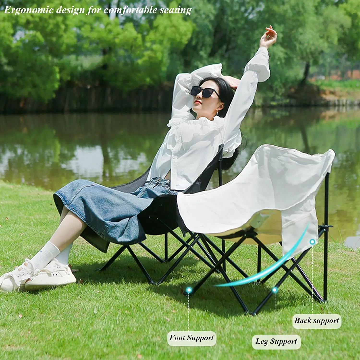 Oversized Folding Camping Chair - Portable Reclining Lounger for Tanning - Carry Bag Included - Heavy Duty Collapsible Chairs for Sports Garden Beach Fishing, Green