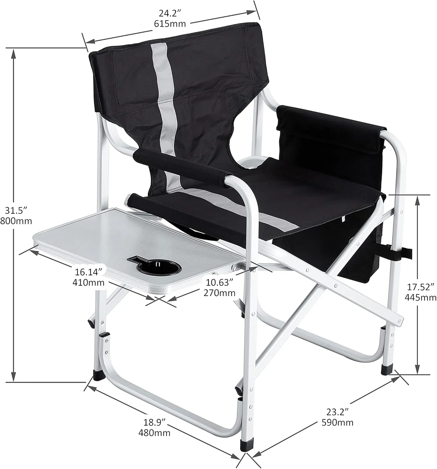 Oversized Folding Camping Chair with Side Table 400lbs Heavy Duty Portable Lawn Chairs Lightweight Aluminum Frame for Camping Fishing Beach Outdoor Use, Black