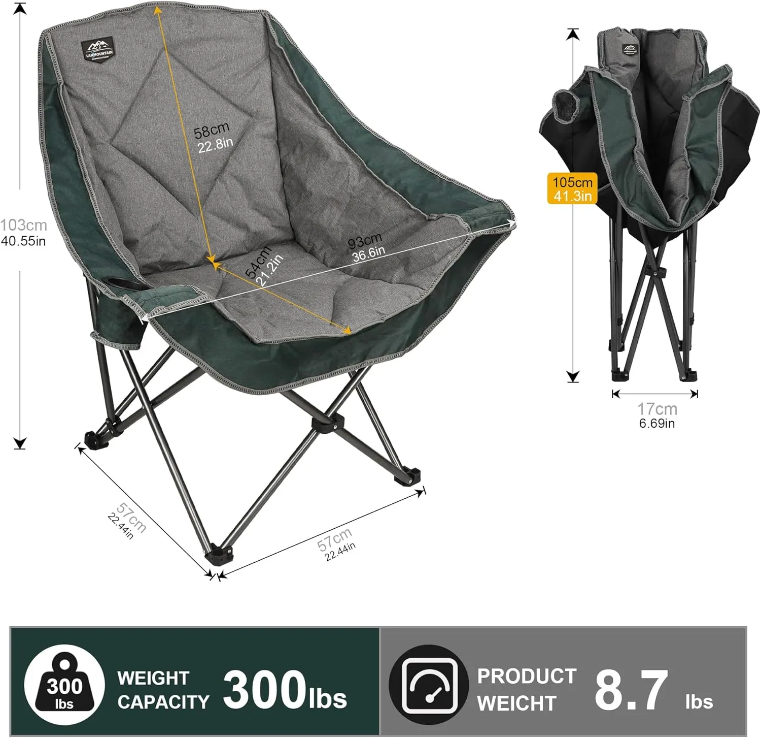 Oversized Folding Camping Chairs,Portable Heavy Duty Outdoor Padded Lawn Chair w/Cup Holder Perfect for Adults Picnic,Parties,Picnics and Beach Trips,Dark Green