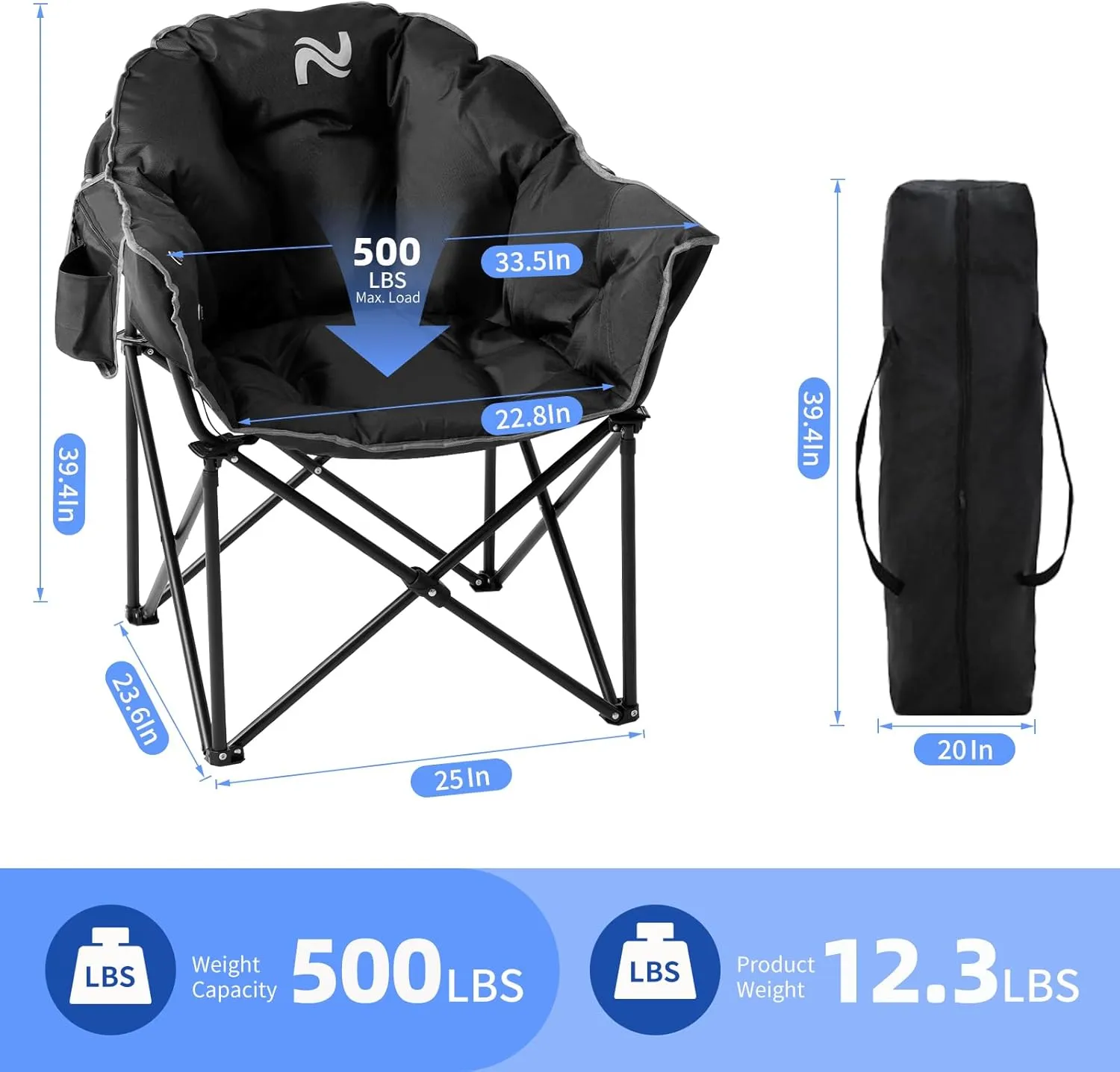 Oversized Heated Camping Chair, 3 Heating Modes Folding Heated Chairs Outdoor Sports, Portable Padded Camping Chair Heat Up for Lawn Patio Beach and Picnics, Black