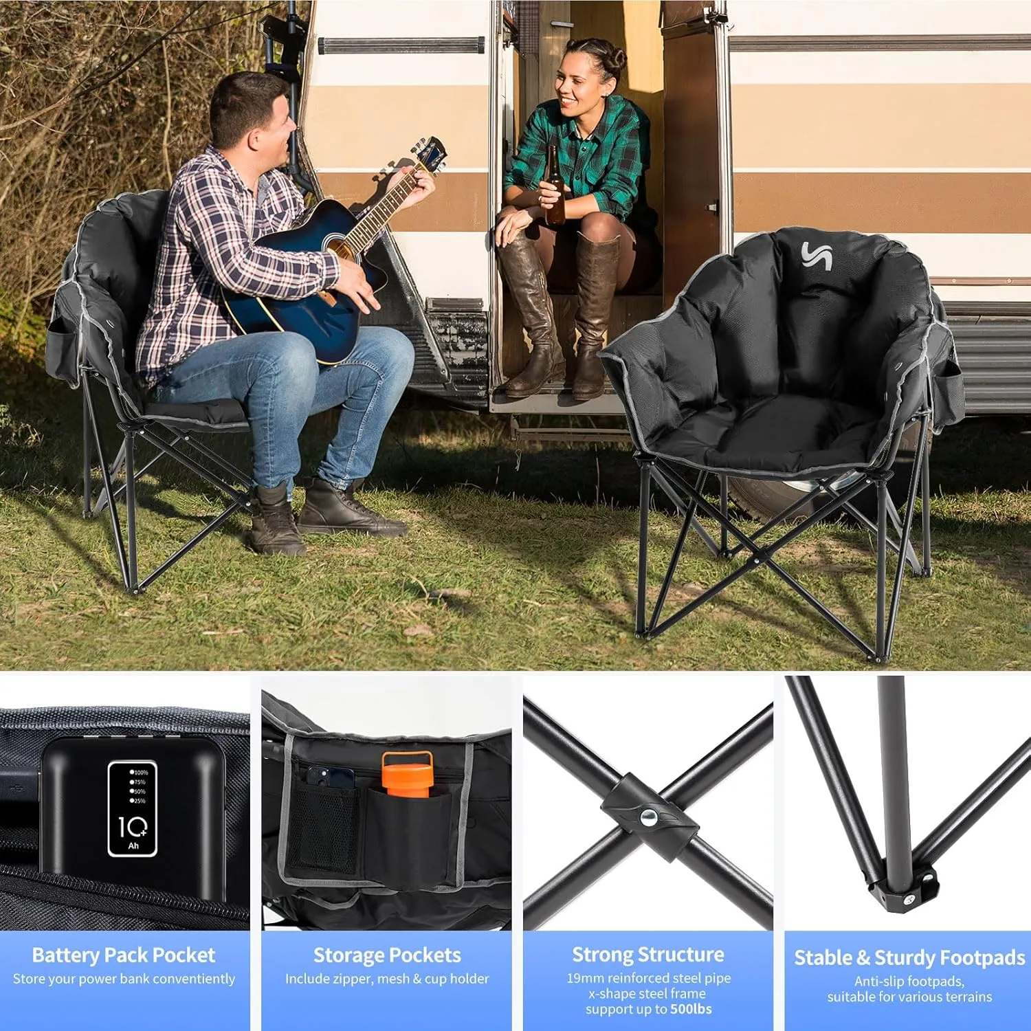 Oversized Heated Camping Chair, 3 Heating Modes Folding Heated Chairs Outdoor Sports, Portable Padded Camping Chair Heat Up for Lawn Patio Beach and Picnics, Black
