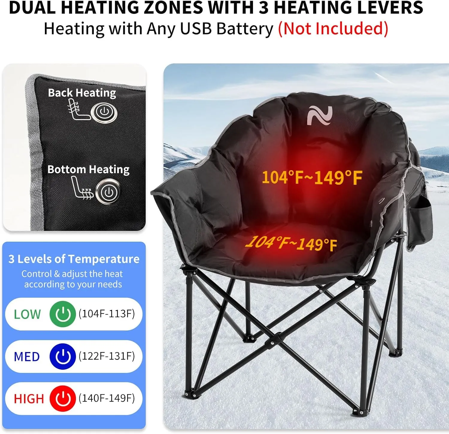 Oversized Heated Camping Chair, 3 Heating Modes Folding Heated Chairs Outdoor Sports, Portable Padded Camping Chair Heat Up for Lawn Patio Beach and Picnics, Black