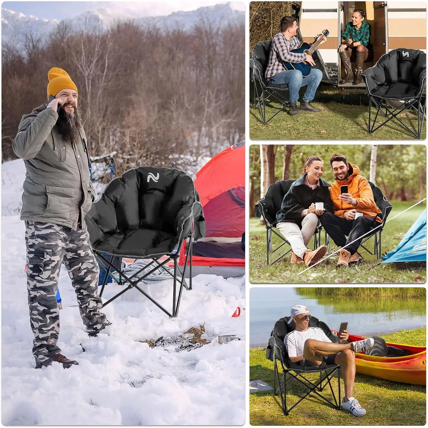 Oversized Heated Camping Chair, 3 Heating Modes Folding Heated Chairs Outdoor Sports, Portable Padded Camping Chair Heat Up for Lawn Patio Beach and Picnics, Black