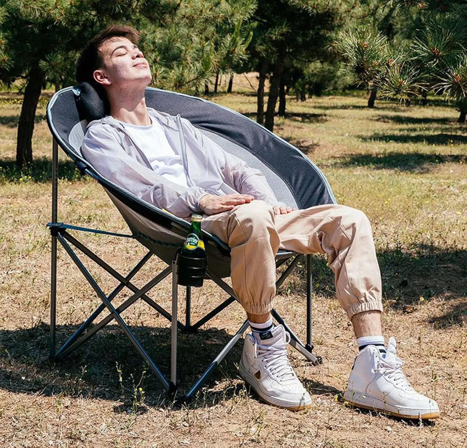 Oversized Mesh Moon Saucer Camping Chair, Folding Portable Round Chairs for Adults with Headrest, Cup Holder, Carry Bag for Outdoor Hiking, Fishing, Picnic, Camp, Lawn,A
