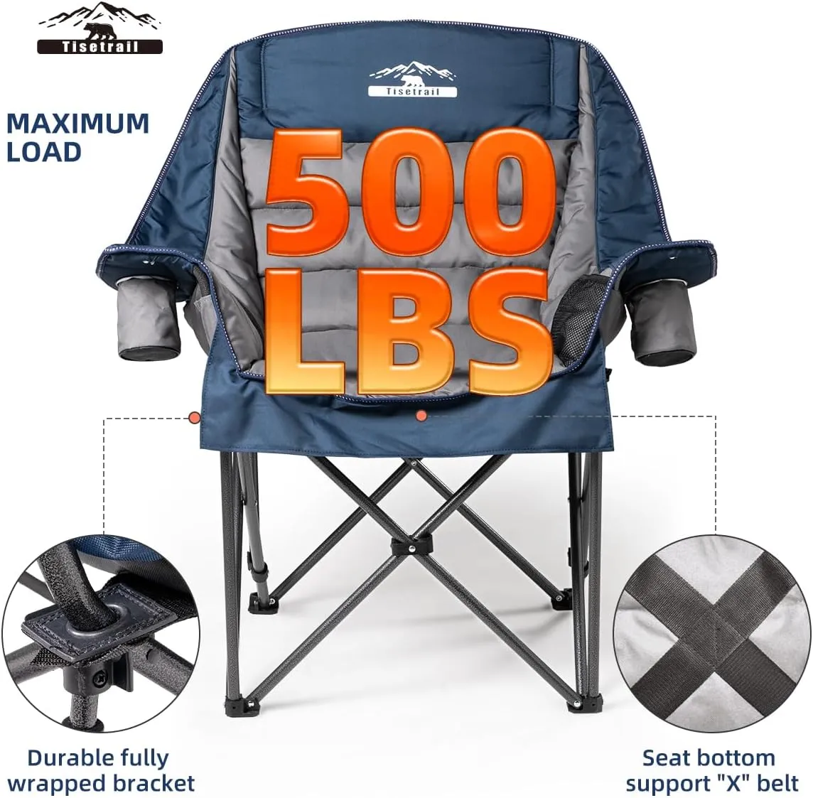 Oversized Padded Camping Chair Extra Large Camp Chairs for Adults with Side Pocket and Cup Holder, Heavy-Duty 500lbs Capacity, Blue & Gray