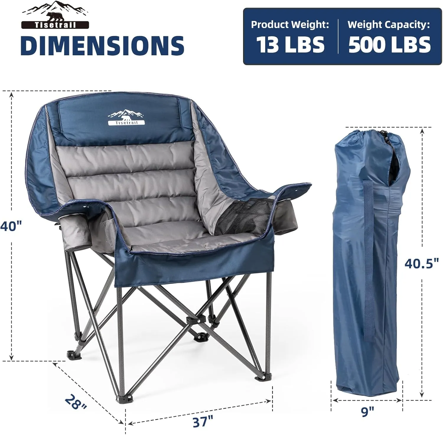 Oversized Padded Camping Chair Extra Large Camp Chairs for Adults with Side Pocket and Cup Holder, Heavy-Duty 500lbs Capacity, Blue & Gray