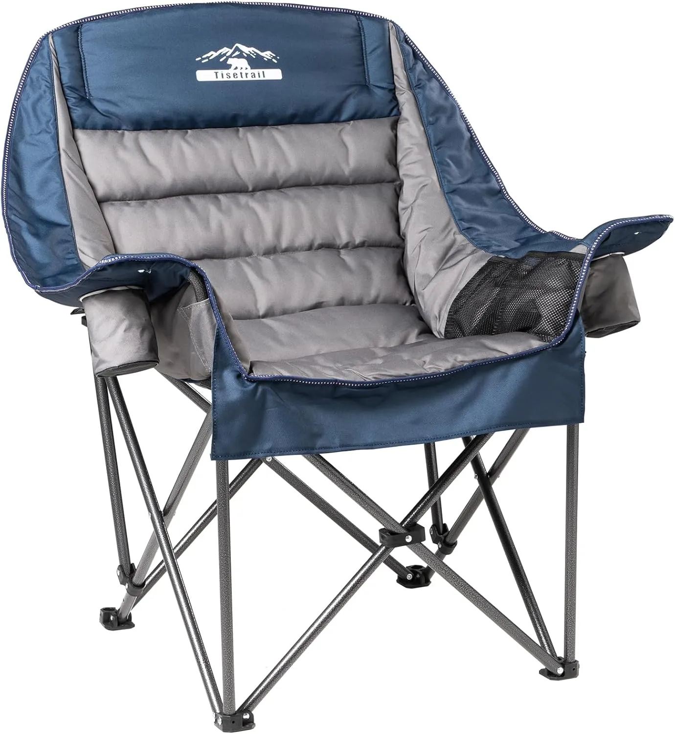 Oversized Padded Camping Chair Extra Large Camp Chairs for Adults with Side Pocket and Cup Holder, Heavy-Duty 500lbs Capacity, Blue & Gray