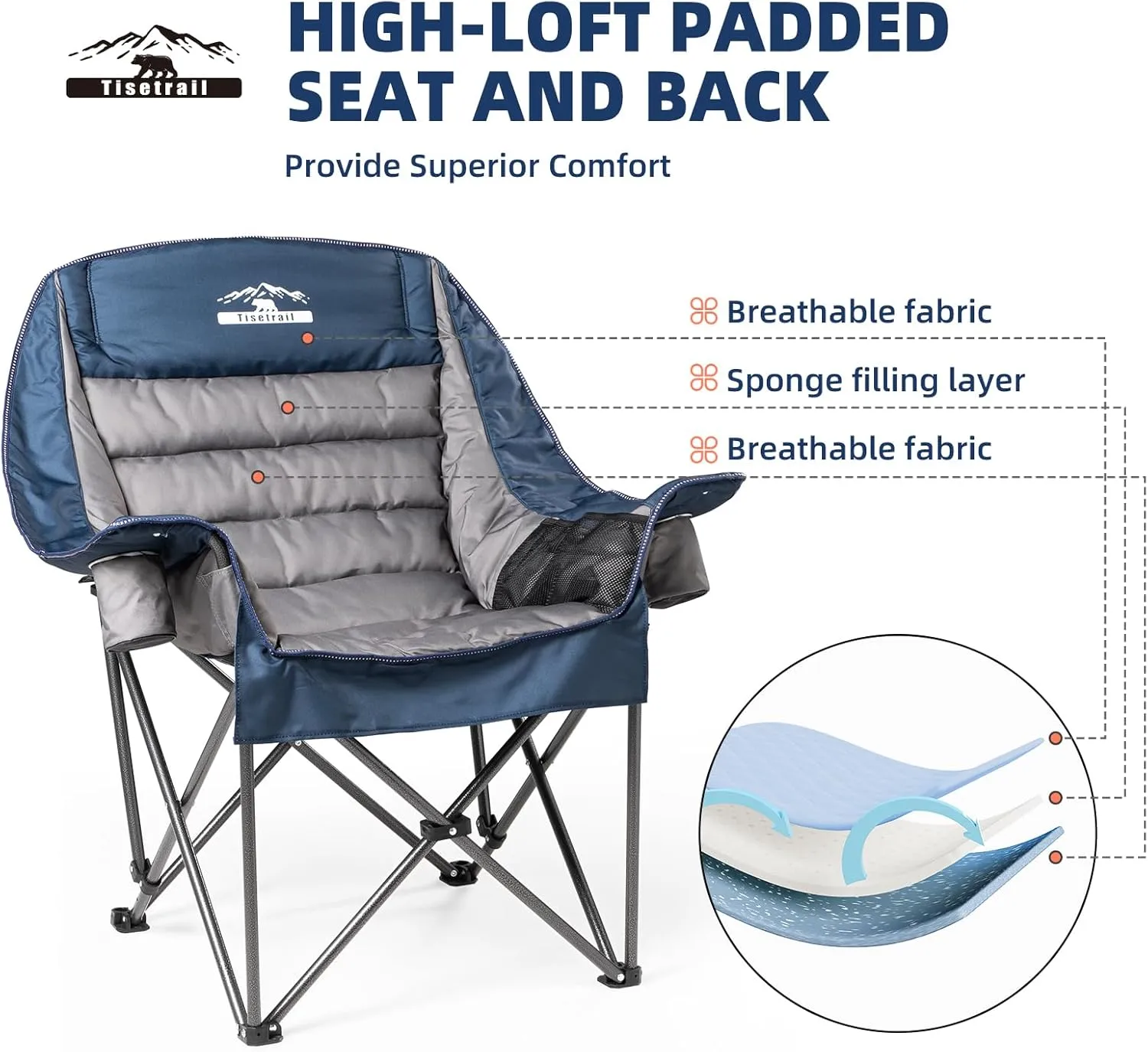 Oversized Padded Camping Chair Extra Large Camp Chairs for Adults with Side Pocket and Cup Holder, Heavy-Duty 500lbs Capacity, Blue & Gray