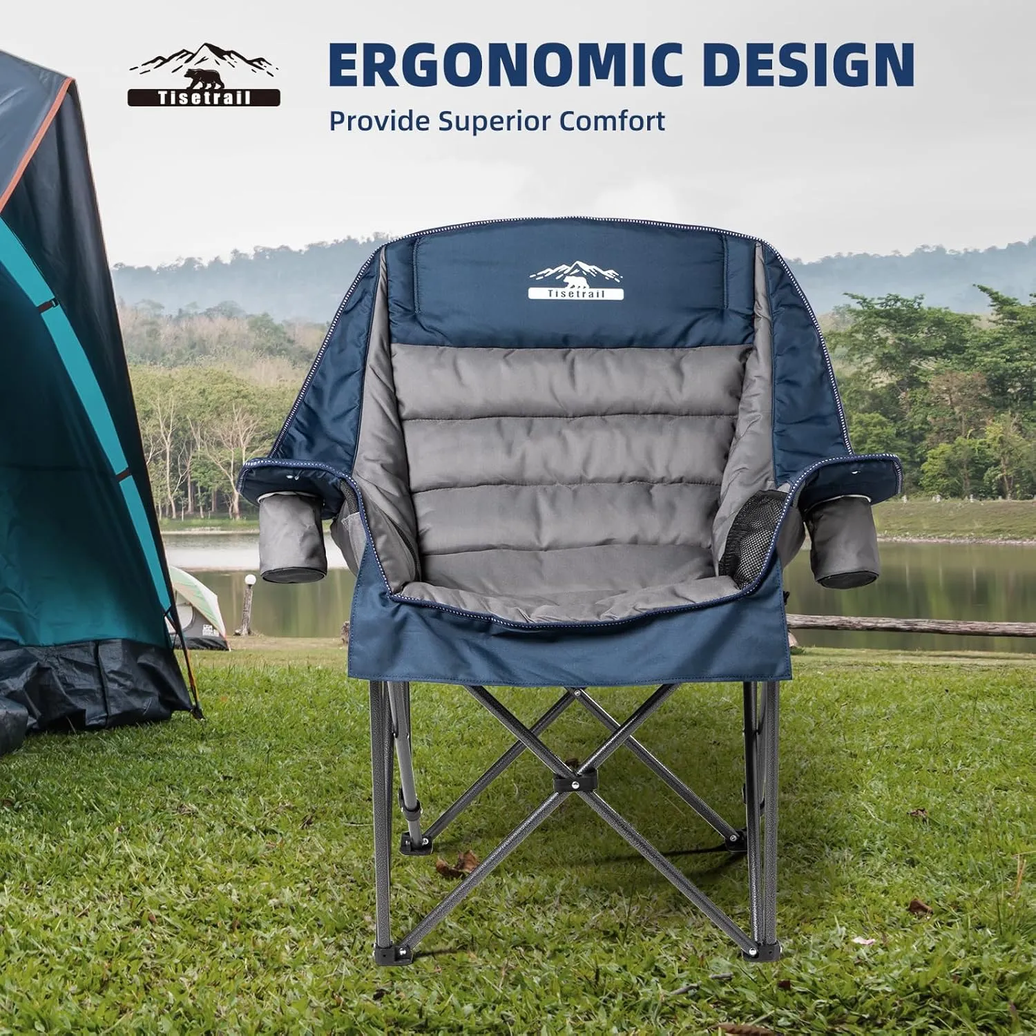 Oversized Padded Camping Chair Extra Large Camp Chairs for Adults with Side Pocket and Cup Holder, Heavy-Duty 500lbs Capacity, Blue & Gray