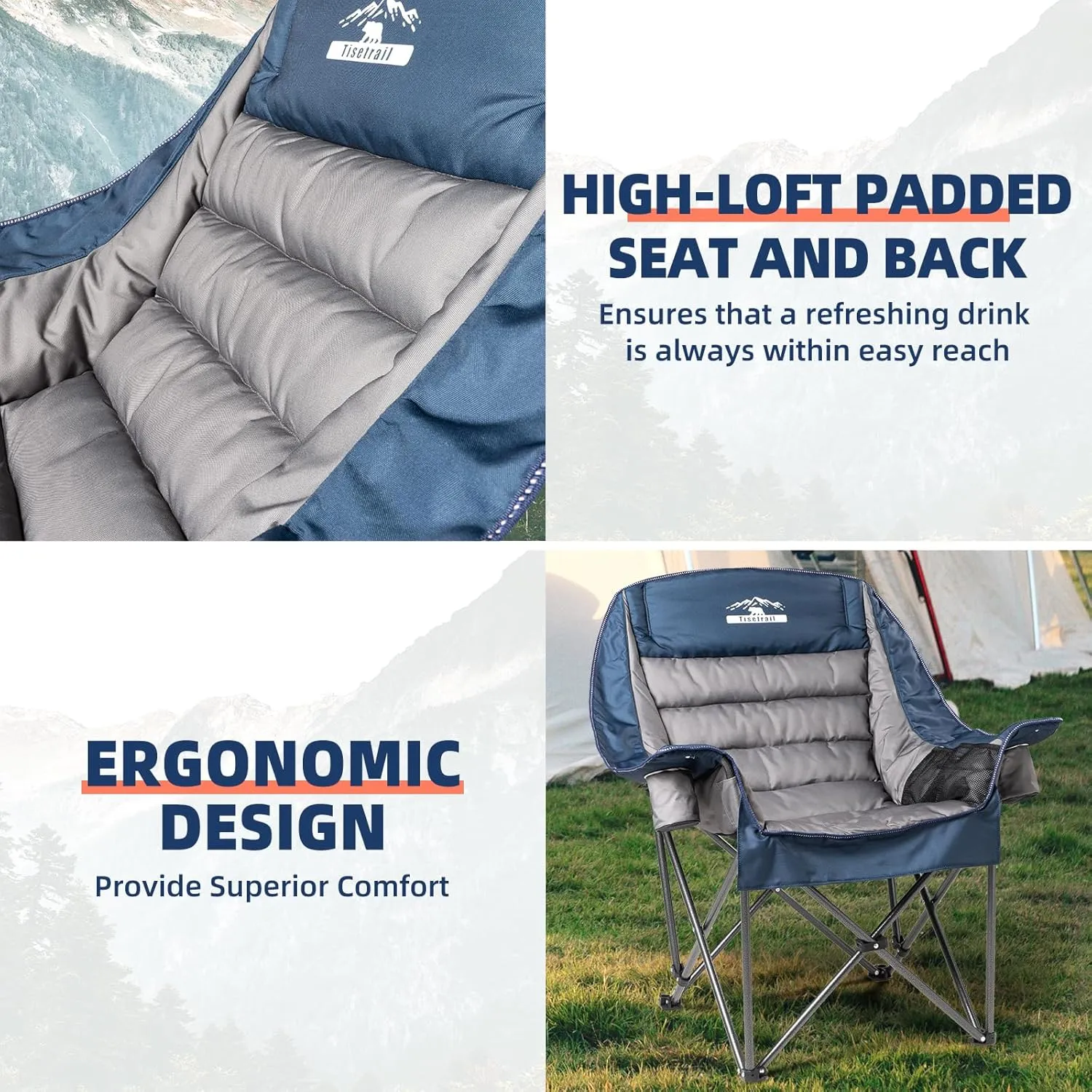 Oversized Padded Camping Chair Extra Large Camp Chairs for Adults with Side Pocket and Cup Holder, Heavy-Duty 500lbs Capacity, Blue & Gray