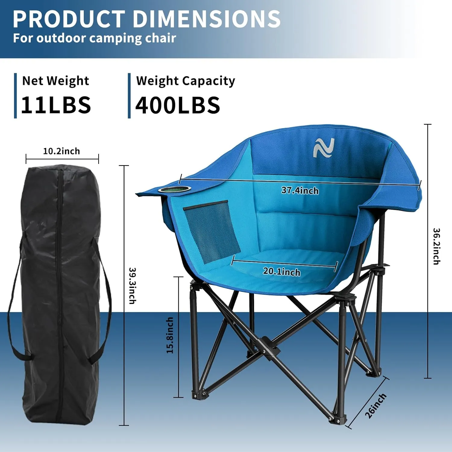 Oversized Padded Camping Chair - Heavy Duty Support 400lbs - Portable Folding Chair with Side Pocket Cup Holder and Carry Bag - Collapsible Outdoor Chairs for Adults Sports Garden Beach Fishing