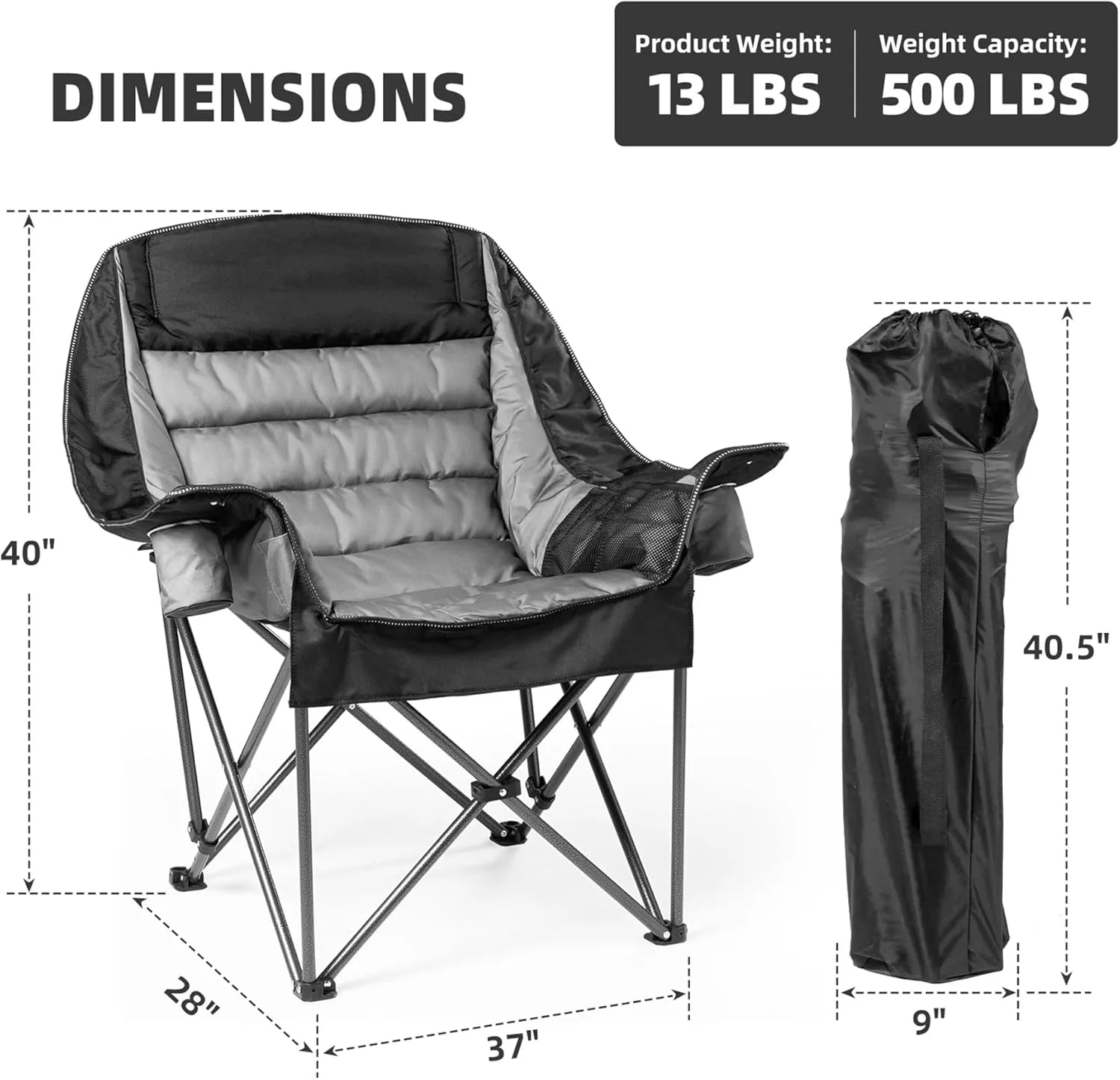 Oversized Padded Camping Chair Set of 2 for Adults Heavy-Duty 500lbs Capacity, Portable Folding Camp Chairs with Side Pocket, High-Loft Padding for Backyard, Hiking (Black & Gray)