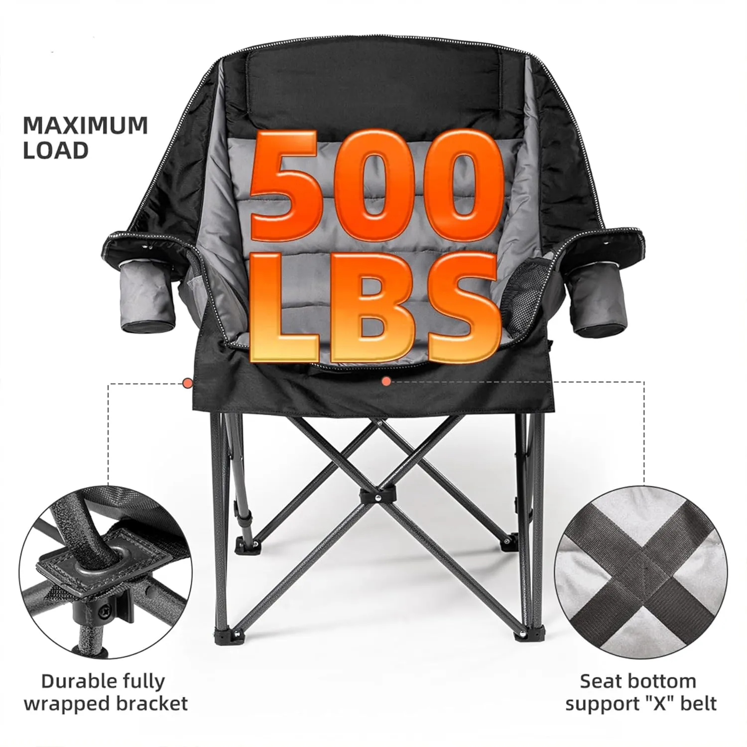 Oversized Padded Camping Chair Set of 2 for Adults Heavy-Duty 500lbs Capacity, Portable Folding Camp Chairs with Side Pocket, High-Loft Padding for Backyard, Hiking (Black & Gray)