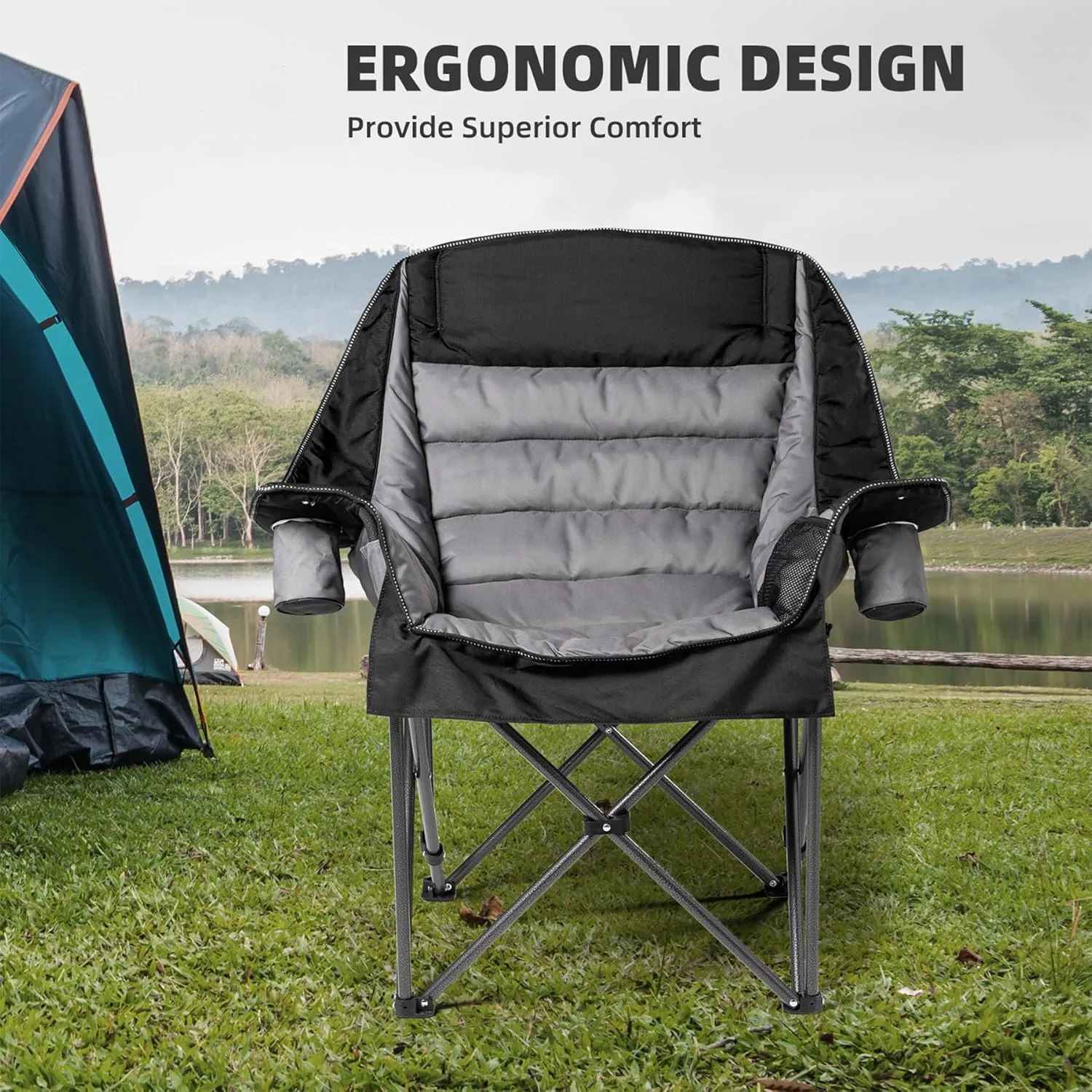 Oversized Padded Camping Chair Set of 2 for Adults Heavy-Duty 500lbs Capacity, Portable Folding Camp Chairs with Side Pocket, High-Loft Padding for Backyard, Hiking (Black & Gray)