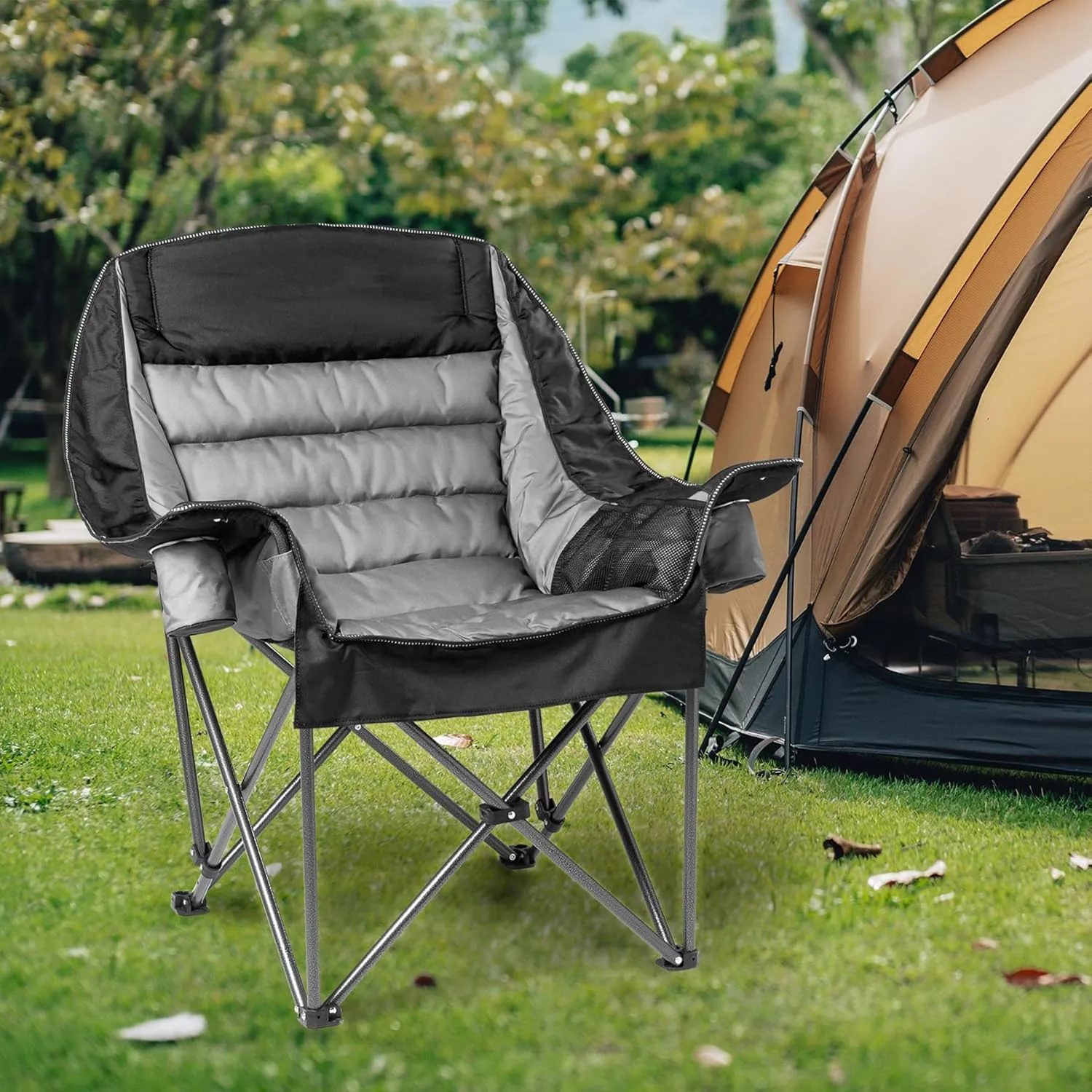 Oversized Padded Camping Chair Set of 2 for Adults Heavy-Duty 500lbs Capacity, Portable Folding Camp Chairs with Side Pocket, High-Loft Padding for Backyard, Hiking (Black & Gray)