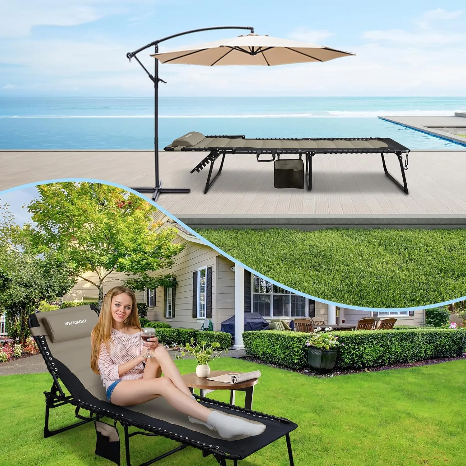 Oversized Padded Outdoor Folding Lounge Chair for Adults 440Ibs Patio Chaise Lounge Chair for Outside Adjustable 5-Position Reclining Beach Chair with Pillow Pocket