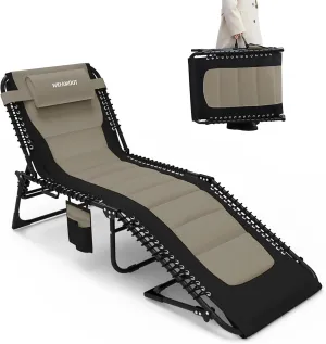 Oversized Padded Outdoor Folding Lounge Chair for Adults 440Ibs Patio Chaise Lounge Chair for Outside Adjustable 5-Position Reclining Beach Chair with Pillow Pocket