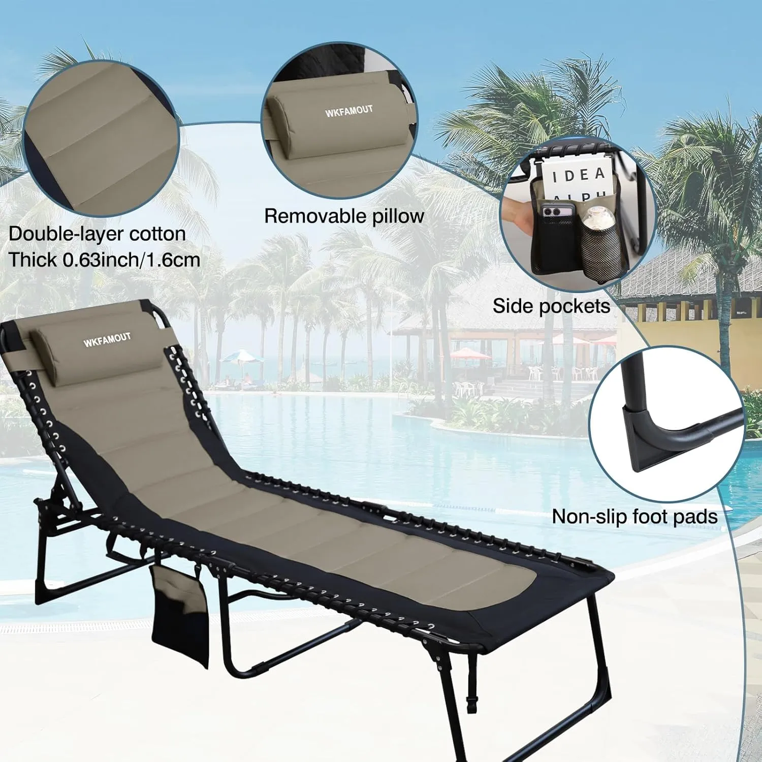 Oversized Padded Outdoor Folding Lounge Chair for Adults 440Ibs Patio Chaise Lounge Chair for Outside Adjustable 5-Position Reclining Beach Chair with Pillow Pocket