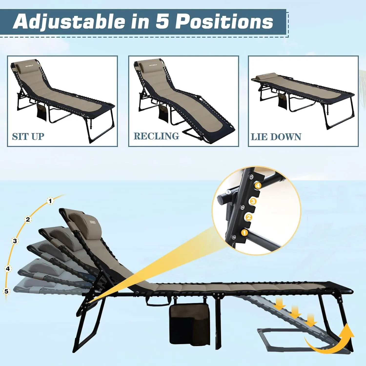 Oversized Padded Outdoor Folding Lounge Chair for Adults 440Ibs Patio Chaise Lounge Chair for Outside Adjustable 5-Position Reclining Beach Chair with Pillow Pocket