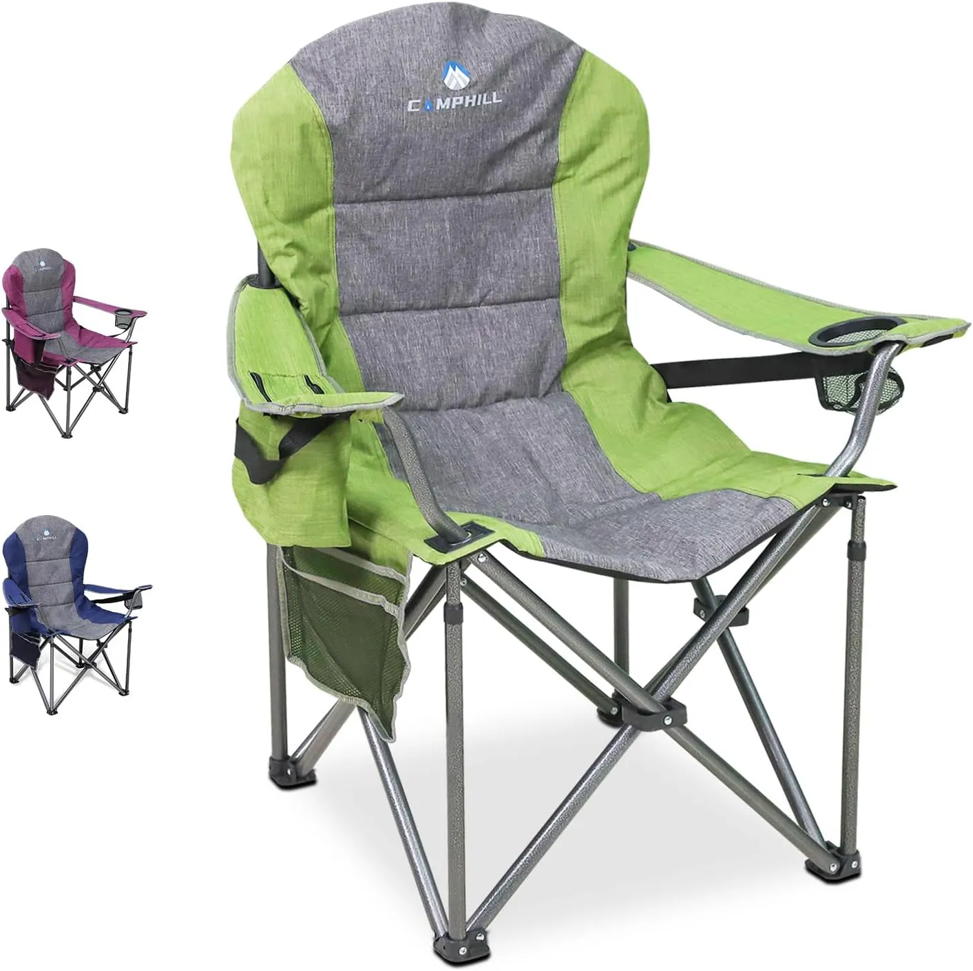 Oversized Portable Camping Chair, Full Padded Outdoor Folding Chair Support 350 LBS, Heavy Duty Lawn Chair with Cup Holder, Cooler Bag, Lumbar Support, Head Pocket for Adult (Green)