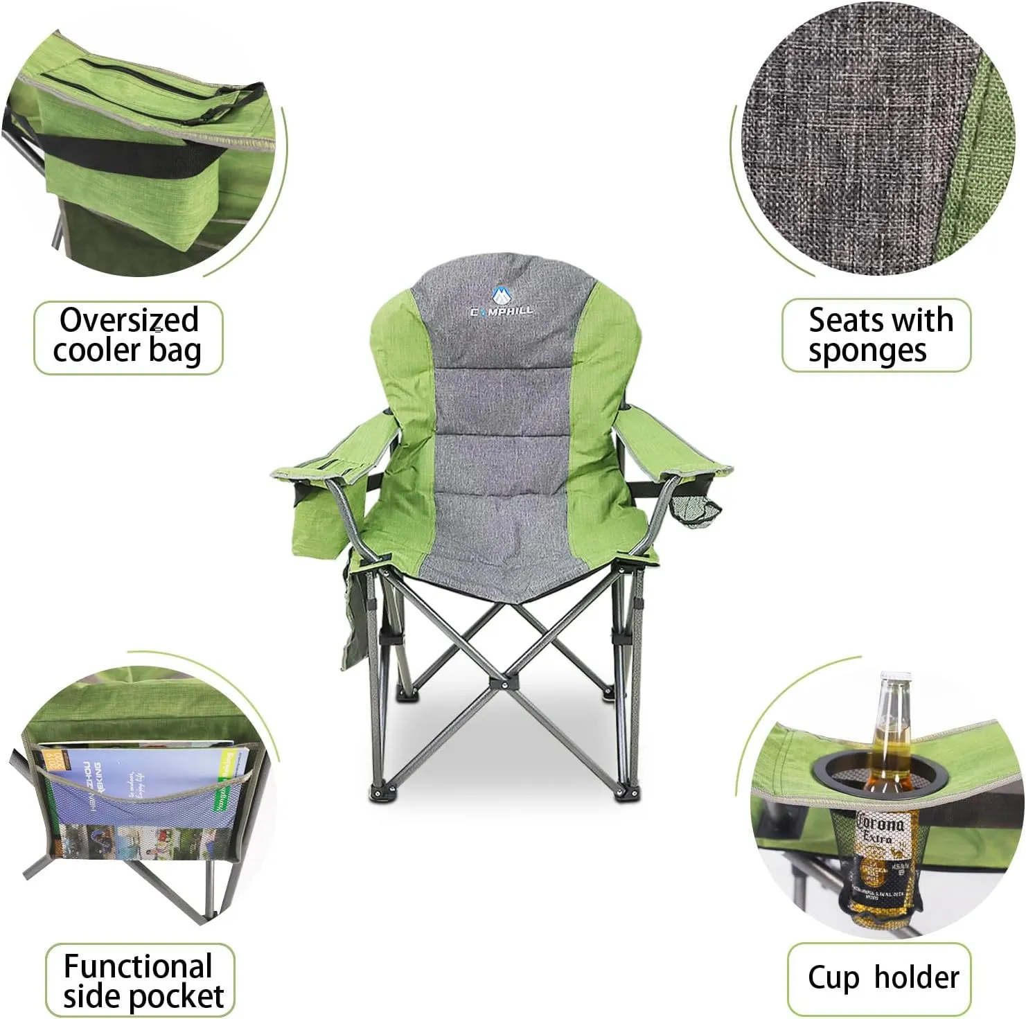 Oversized Portable Camping Chair, Full Padded Outdoor Folding Chair Support 350 LBS, Heavy Duty Lawn Chair with Cup Holder, Cooler Bag, Lumbar Support, Head Pocket for Adult (Green)