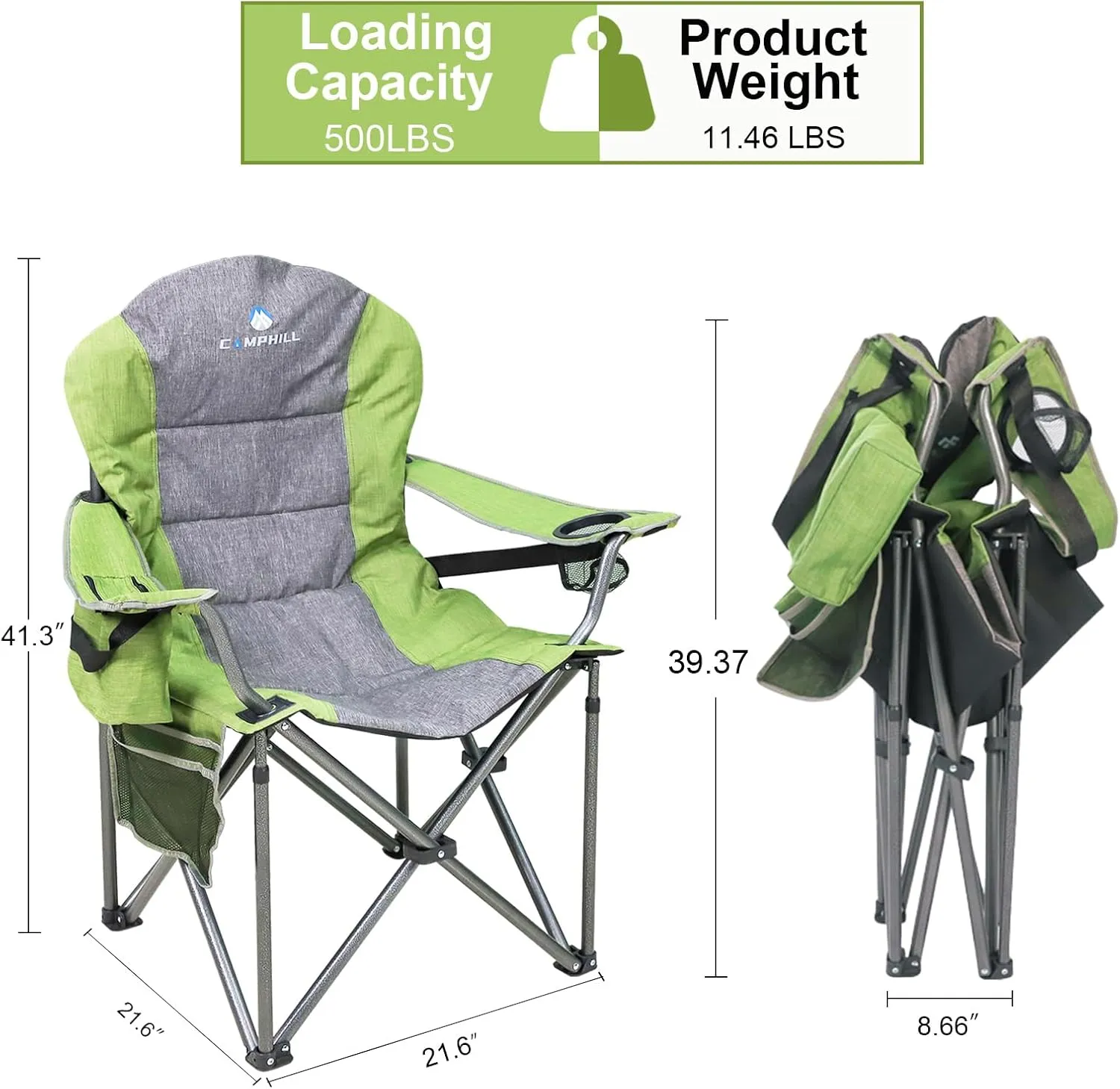 Oversized Portable Camping Chair, Full Padded Outdoor Folding Chair Support 350 LBS, Heavy Duty Lawn Chair with Cup Holder, Cooler Bag, Lumbar Support, Head Pocket for Adult (Green)