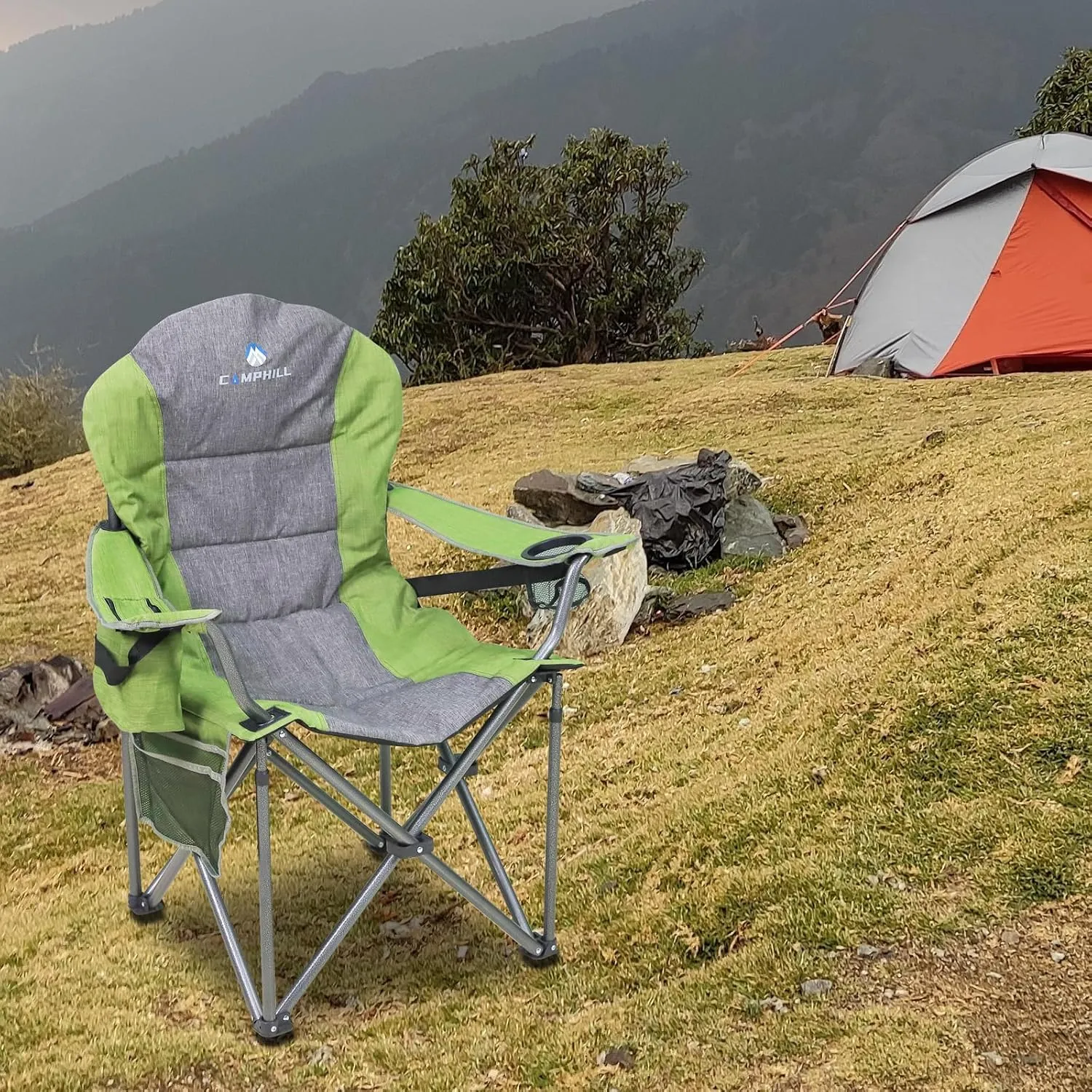Oversized Portable Camping Chair, Full Padded Outdoor Folding Chair Support 350 LBS, Heavy Duty Lawn Chair with Cup Holder, Cooler Bag, Lumbar Support, Head Pocket for Adult (Green)