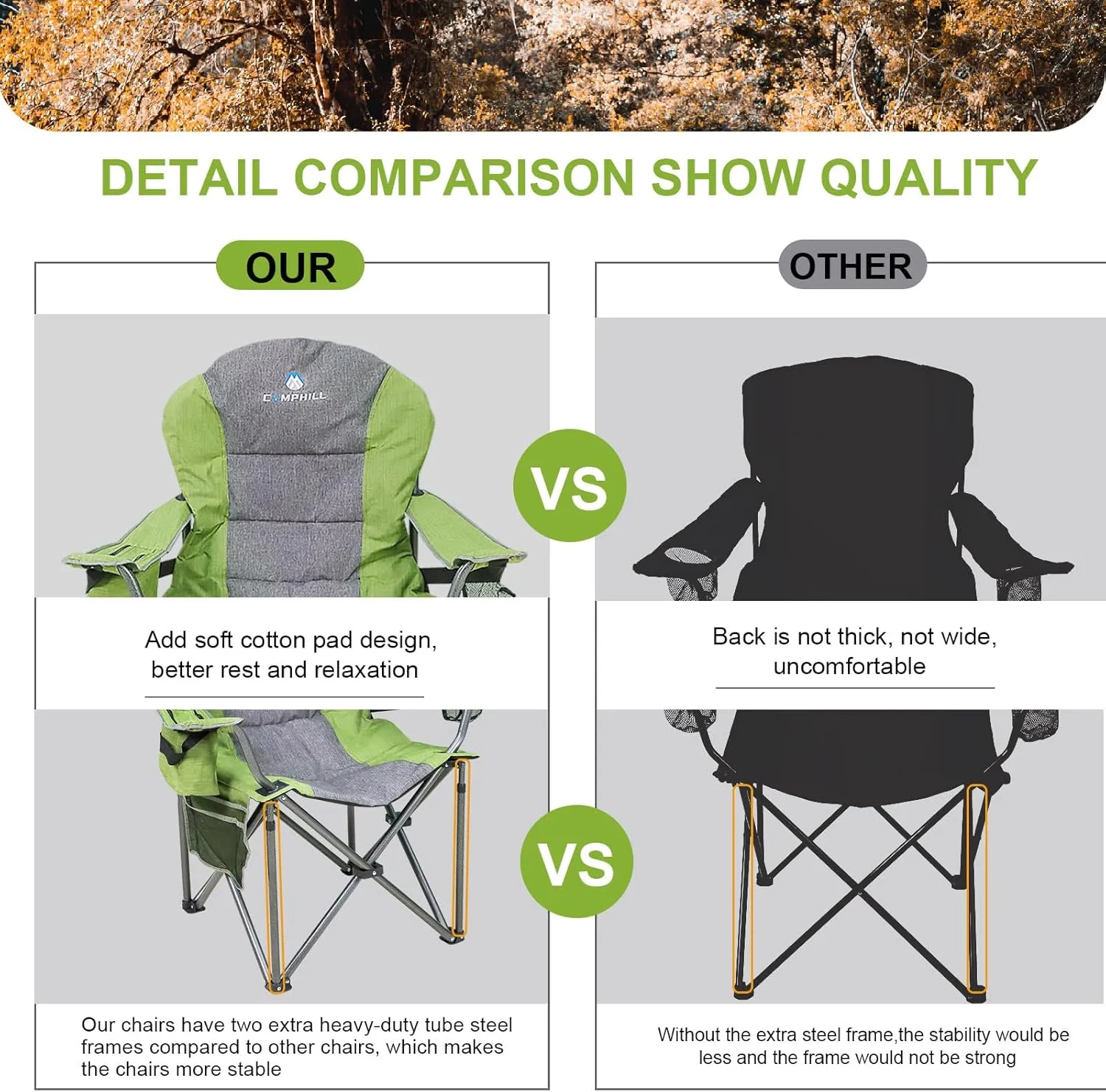 Oversized Portable Camping Chair, Full Padded Outdoor Folding Chair Support 350 LBS, Heavy Duty Lawn Chair with Cup Holder, Cooler Bag, Lumbar Support, Head Pocket for Adult (Green)
