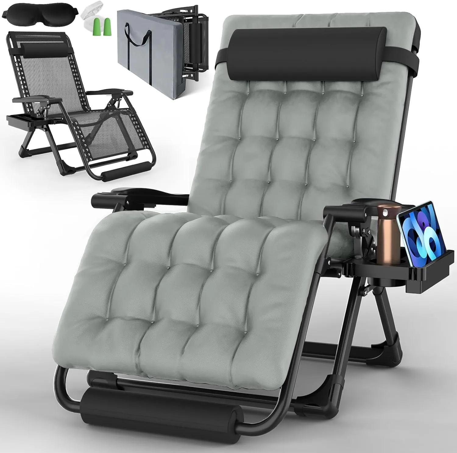 Oversized Zero Gravity Chair, 33In XXL Padded Lounge Chair, Recliner Chair W/Cushion& Storage Bag, Footrest, Reinforced Full-Alu Alloy Lock, Larger Cup Holder, for Indoor Outdoor, 500lbs Max