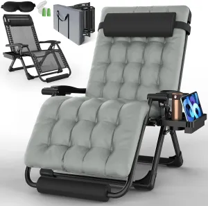 Oversized Zero Gravity Chair, 33In XXL Padded Lounge Chair, Recliner Chair W/Cushion& Storage Bag, Footrest, Reinforced Full-Alu Alloy Lock, Larger Cup Holder, for Indoor Outdoor, 500lbs Max