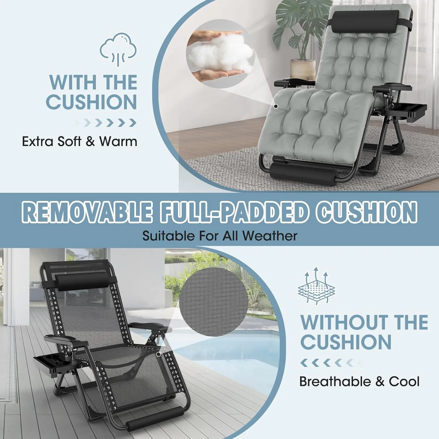 Oversized Zero Gravity Chair, 33In XXL Padded Lounge Chair, Recliner Chair W/Cushion& Storage Bag, Footrest, Reinforced Full-Alu Alloy Lock, Larger Cup Holder, for Indoor Outdoor, 500lbs Max